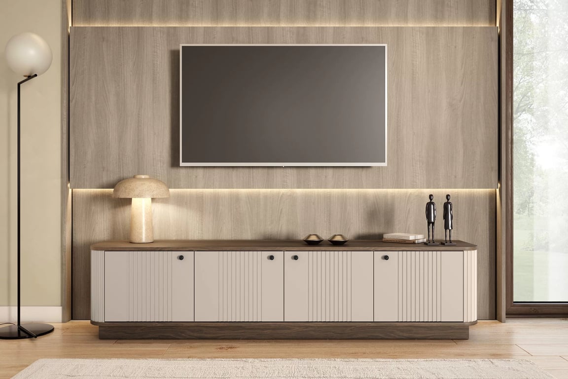 TV stolík Vesper 187 cm 4D - kašmír / orech / čierne úchyty TV skrinka Vesper 4D 187 cm - kašmír / Orech / čierny úchyty