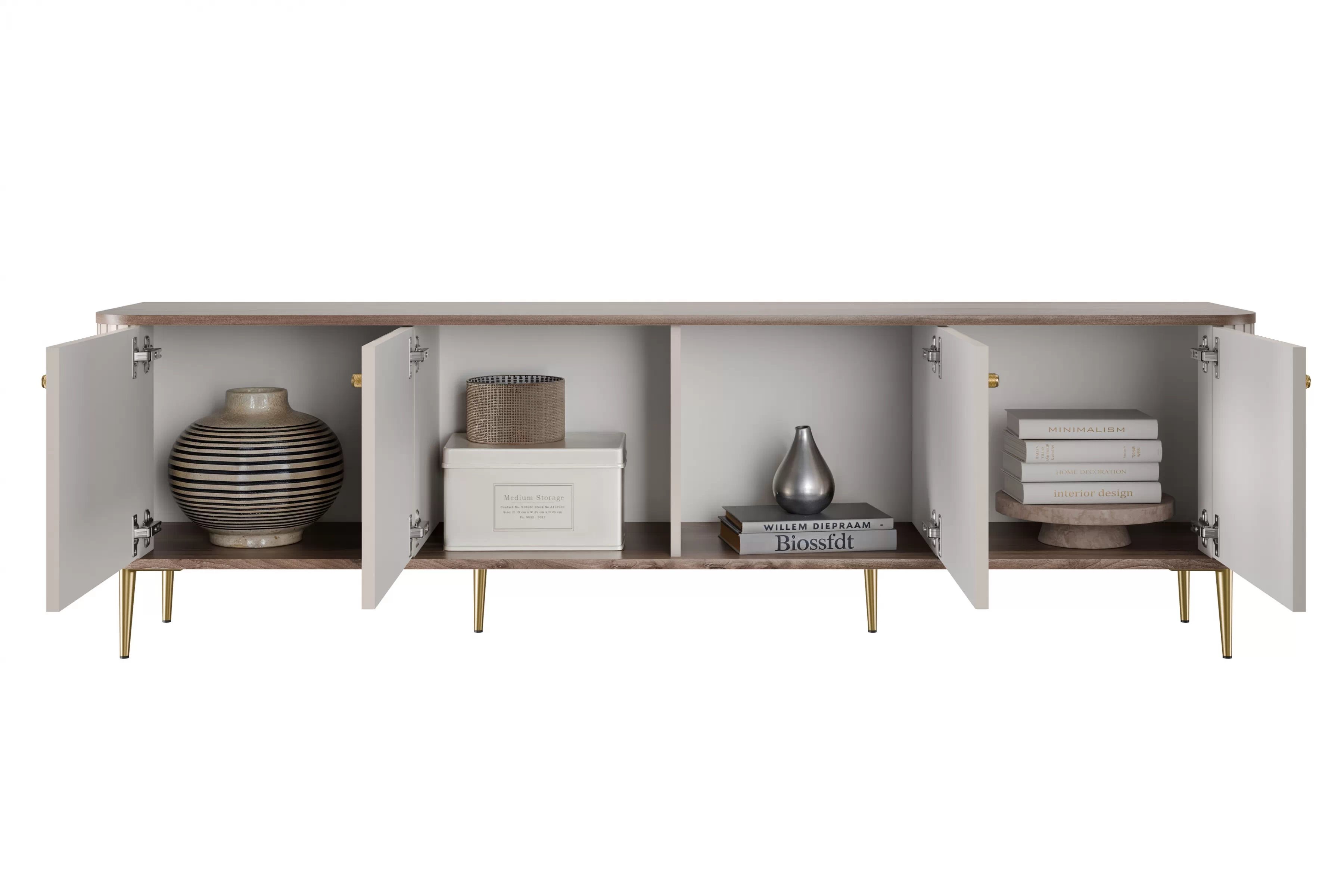 TV stolek Vesper 4D 187 cm - kašmírový / dekor ořech / zlaté nožky skříňka RTV Vesper 4D 187 cm - kašmír / ořech / zlote Nohy