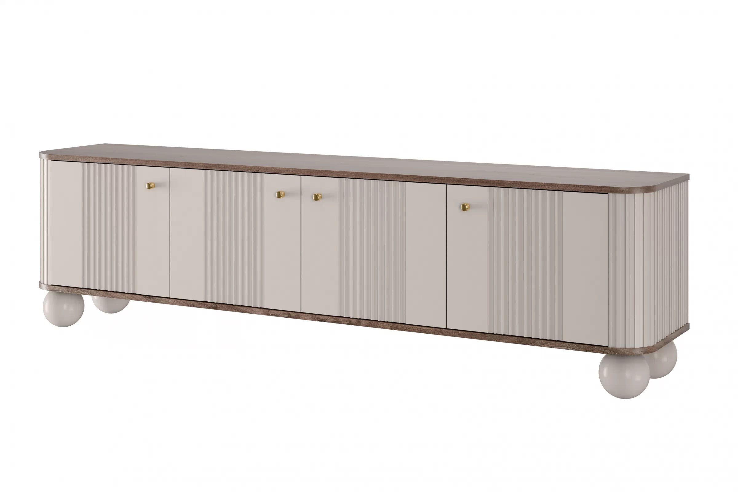 TV stolík Vespera 4D 187 cm - kašmírová / orech / zlatá / kašmírové nohy TV skrinka Vesper 4D 187 cm - kašmír / Orech / zlote úchyty / nožičky kule