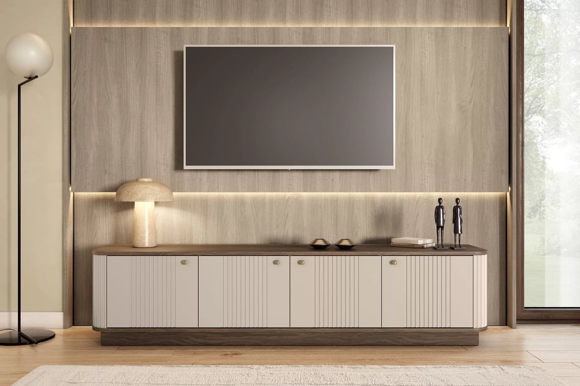 TV stolík Vesper 187 cm 4D - kašmír / orech / zlaté úchyty TV skrinka Vesper 4D 187 cm - kašmír / Orech / zlote úchyty