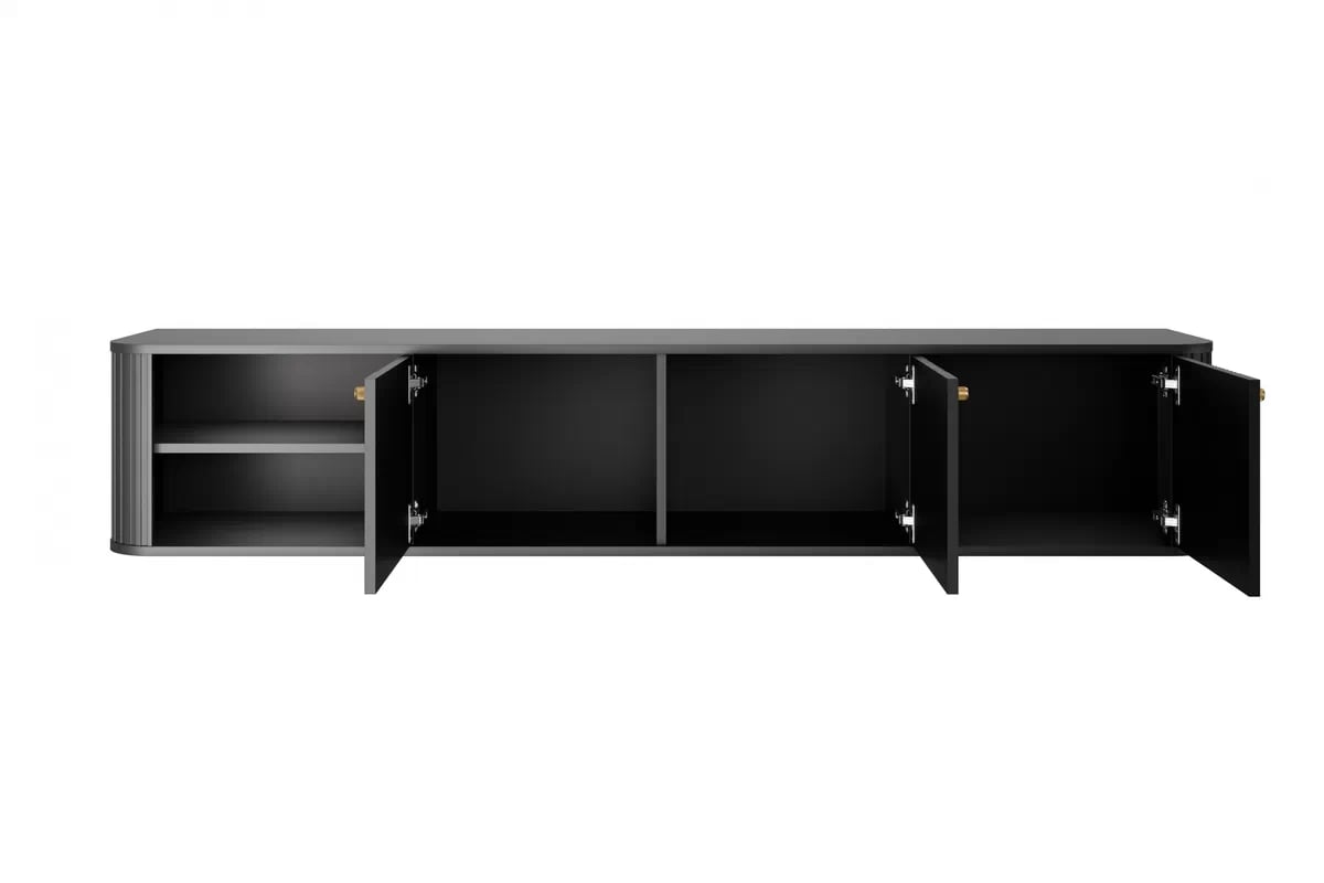 Závěsná TV skříňka Vesper 3D 187 cm na soklu - černá / zlaté úchyty Skříňka RTV Vesper závěsná 187 cm - černá / zlaté Úchytky