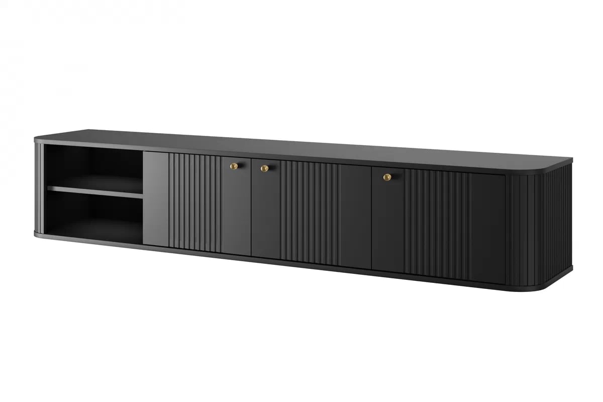 Závěsná TV skříňka Vesper 3D 187 cm na soklu - černá / zlaté úchyty Skříňka RTV Vesper závěsná 187 cm - černá / zlaté Úchytky