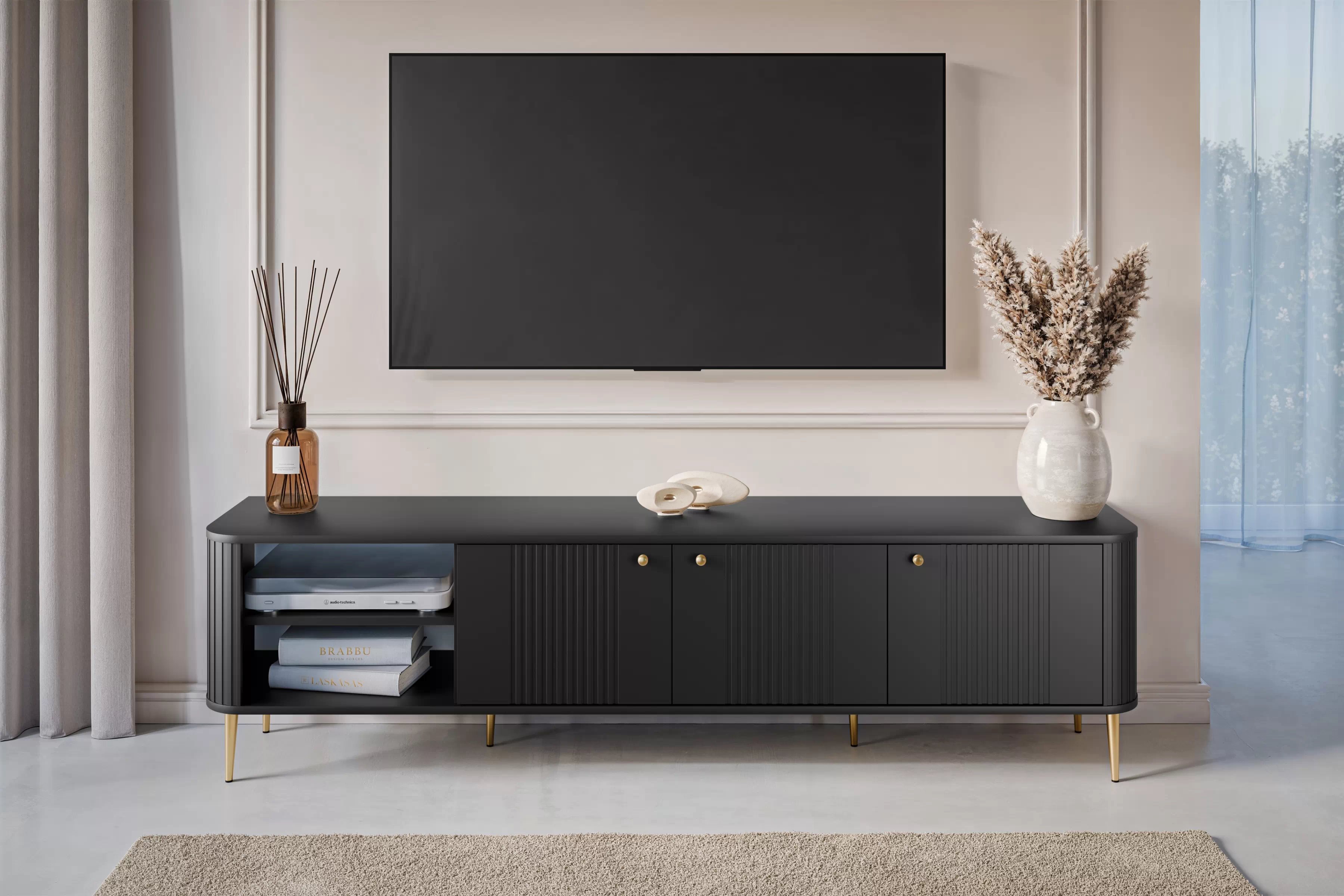 TV stolík Vesper 3D 187 cm - čierny / zlaté nohy TV skrinka Vespera 3D 187 cm - Čierny / zlote nožičky