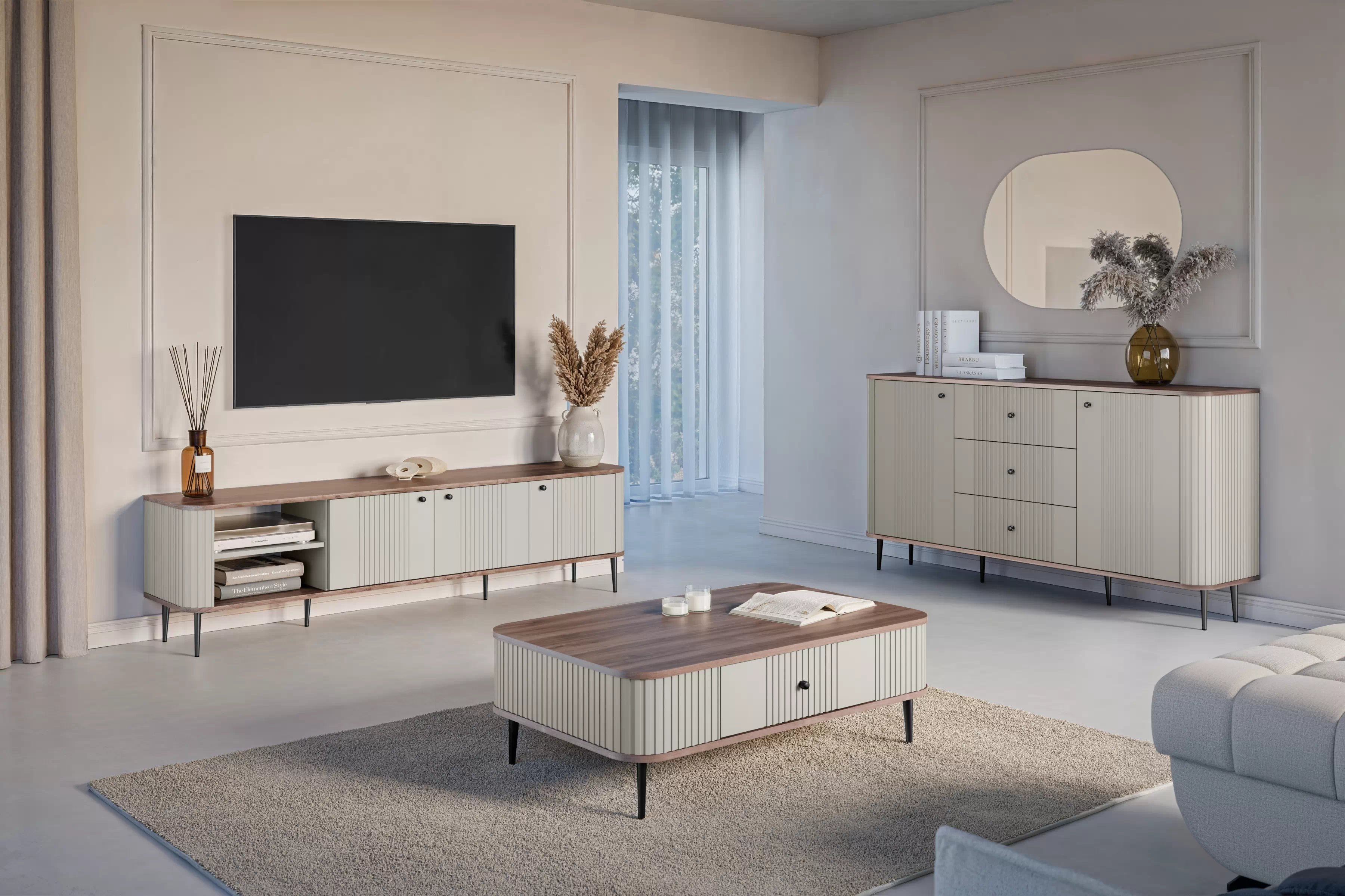 TV stolík Vespera 3D 187 cm - kašmírová / orech / čierne nožičky TV skrinka Vespera 3D 187 cm - kašmír / Orech / čierny nožičky