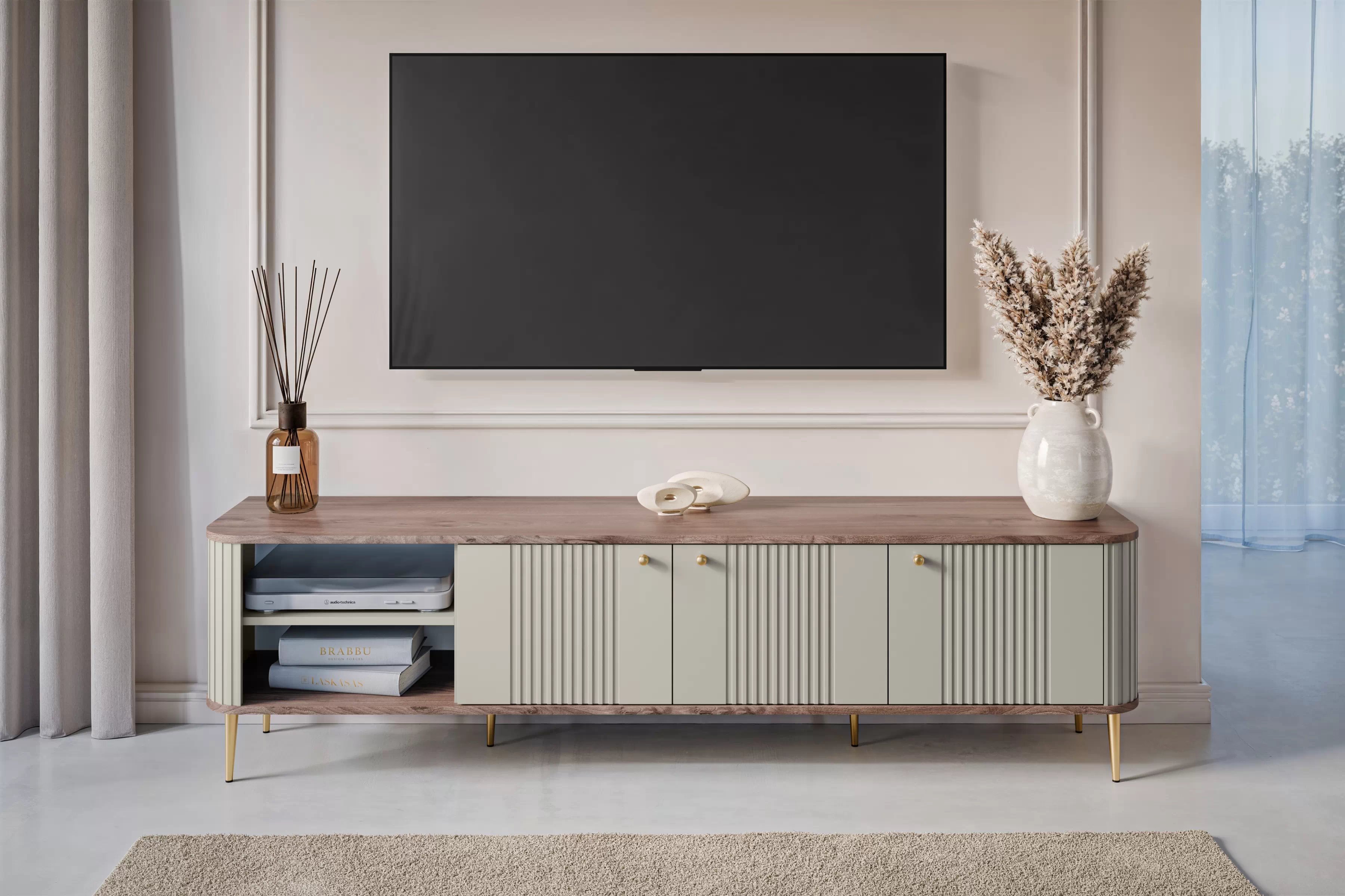 TV stolek Vesper 3D 187 cm - kašmírový / dekor ořech / zlaté nožky Skříňka RTV Vespera 3D 187 cm - kašmír / ořech / zlaté Nohy