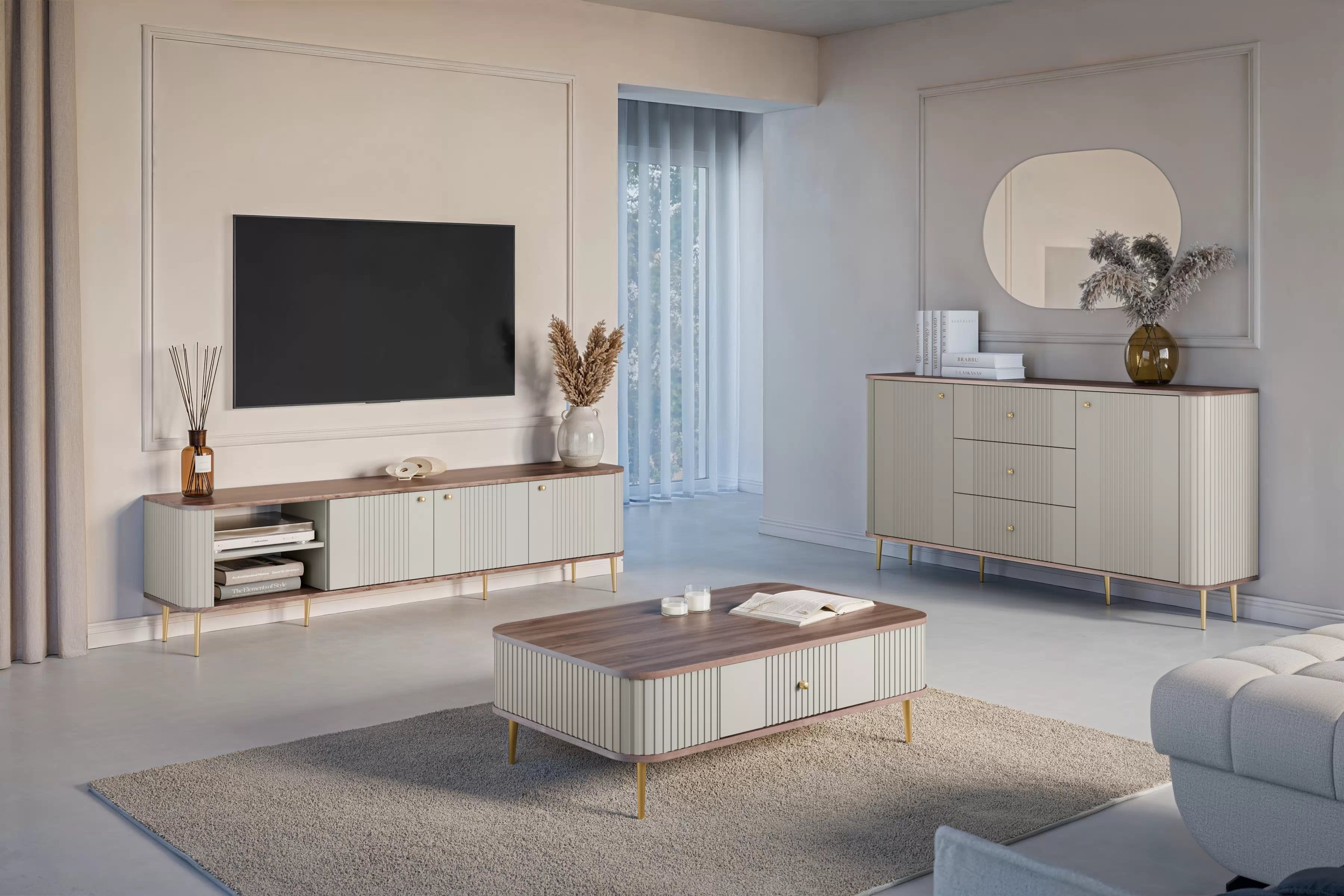 TV stolek Vesper 3D 187 cm - kašmírový / dekor ořech / zlaté nožky Skříňka RTV Vespera 3D 187 cm - kašmír / ořech / zlaté Nohy