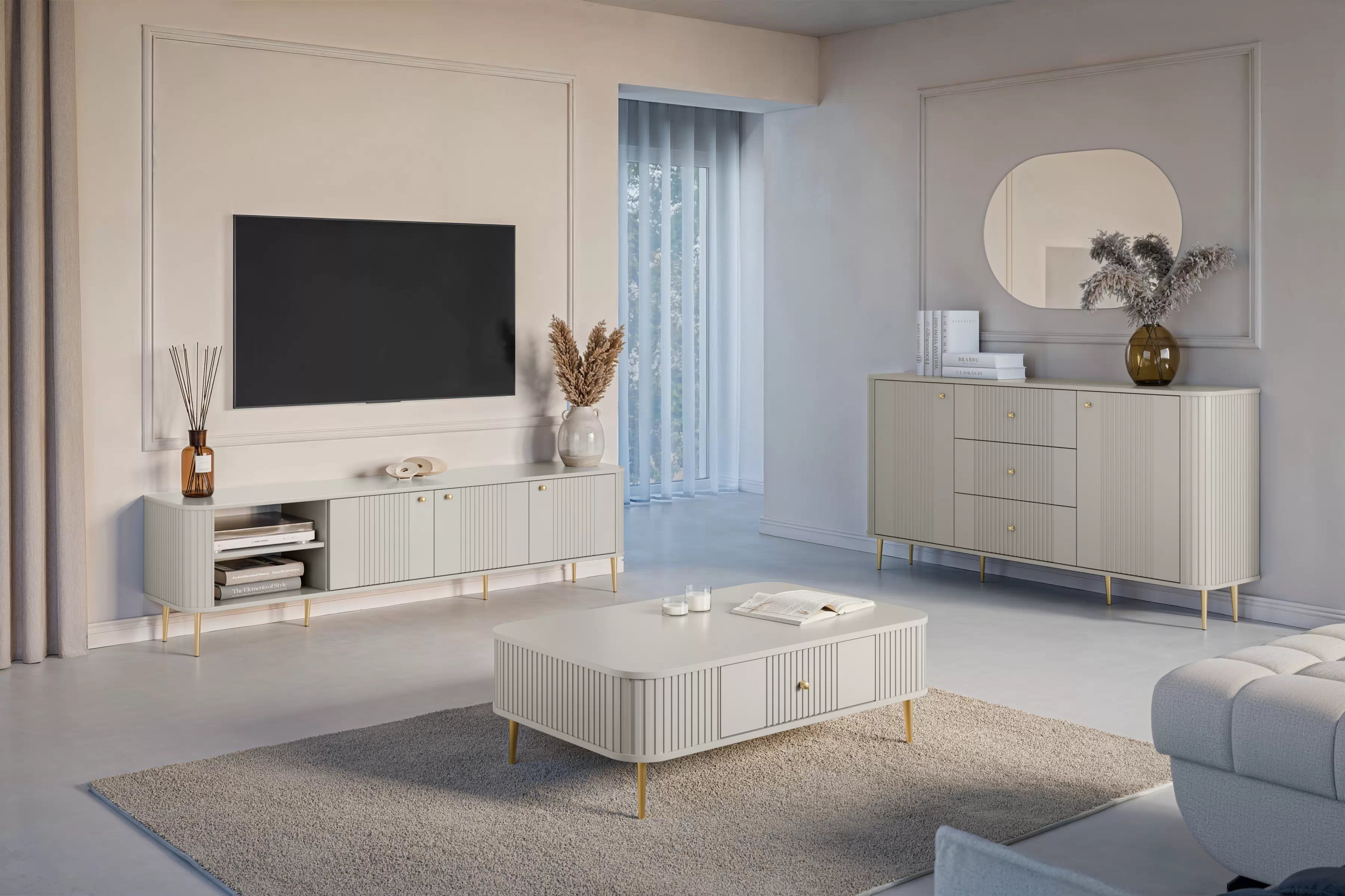 TV stolík Vespera 3D 187 cm - kašmírová / zlaté nožičky TV skrinka Vespera 3D 187 cm - kašmír / zlote nožičky