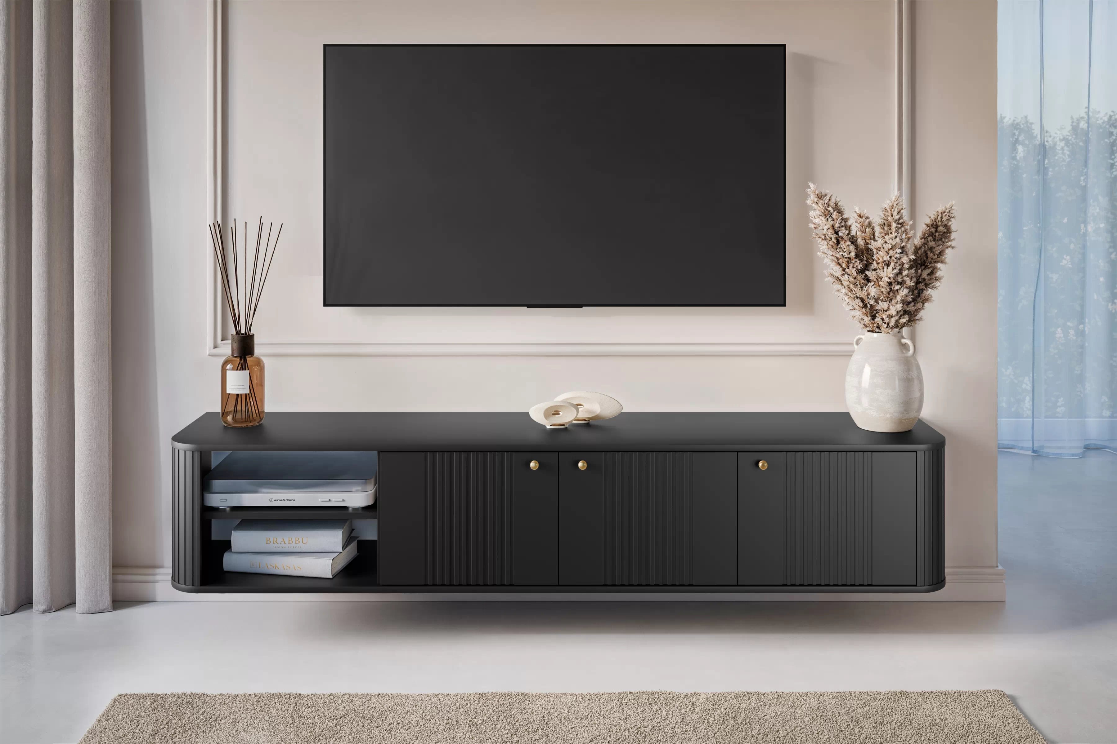 Závěsná TV skříňka Vesper 3D 187 cm na soklu - černá / zlaté úchyty Skříňka RTV Vespera 3D závěsná 187 cm - černá / zlaté Úchytky