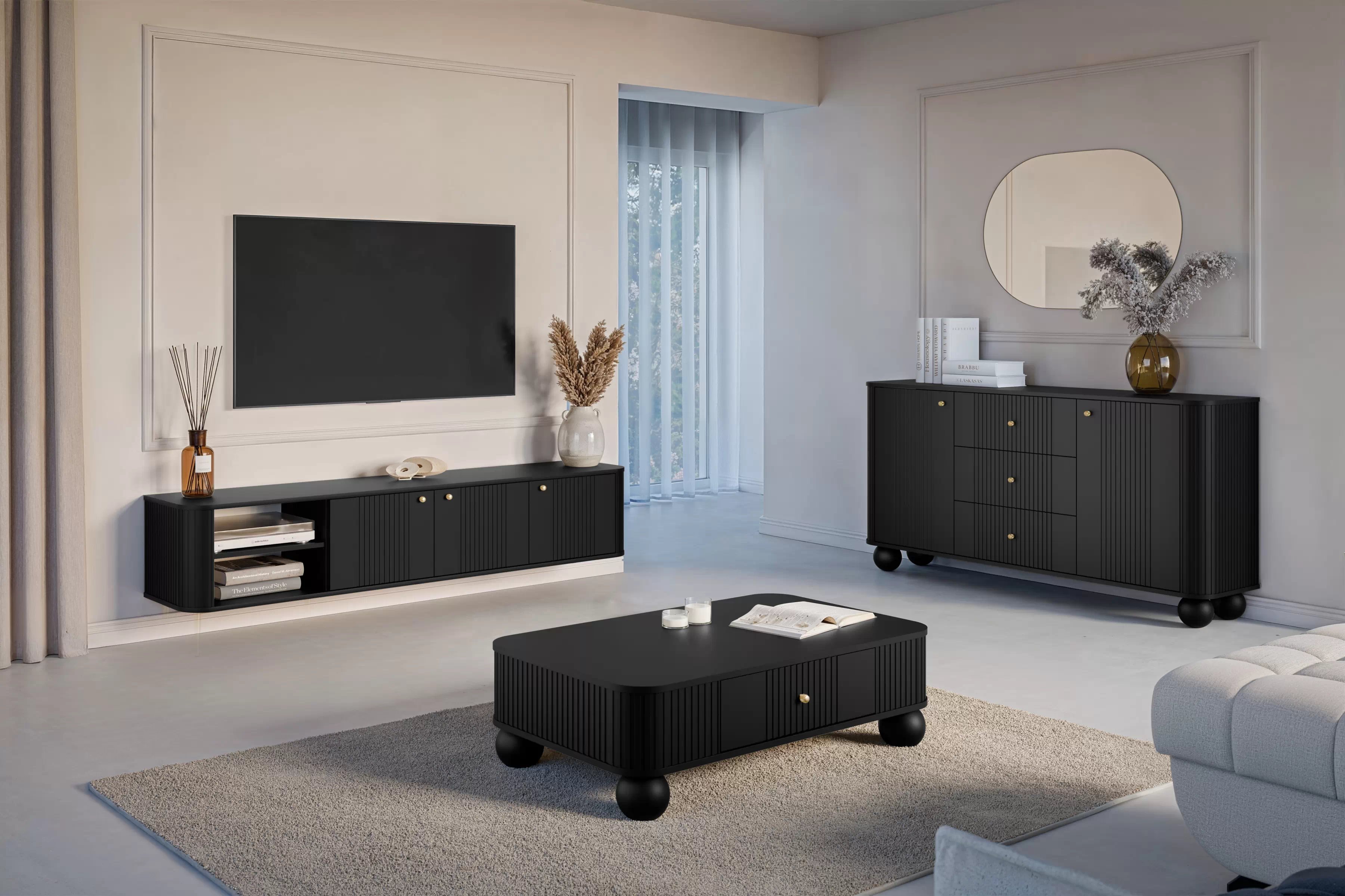 Závěsná TV skříňka Vesper 3D 187 cm na soklu - černá / zlaté úchyty Skříňka RTV Vespera 3D závěsná 187 cm - černá / zlaté Úchytky