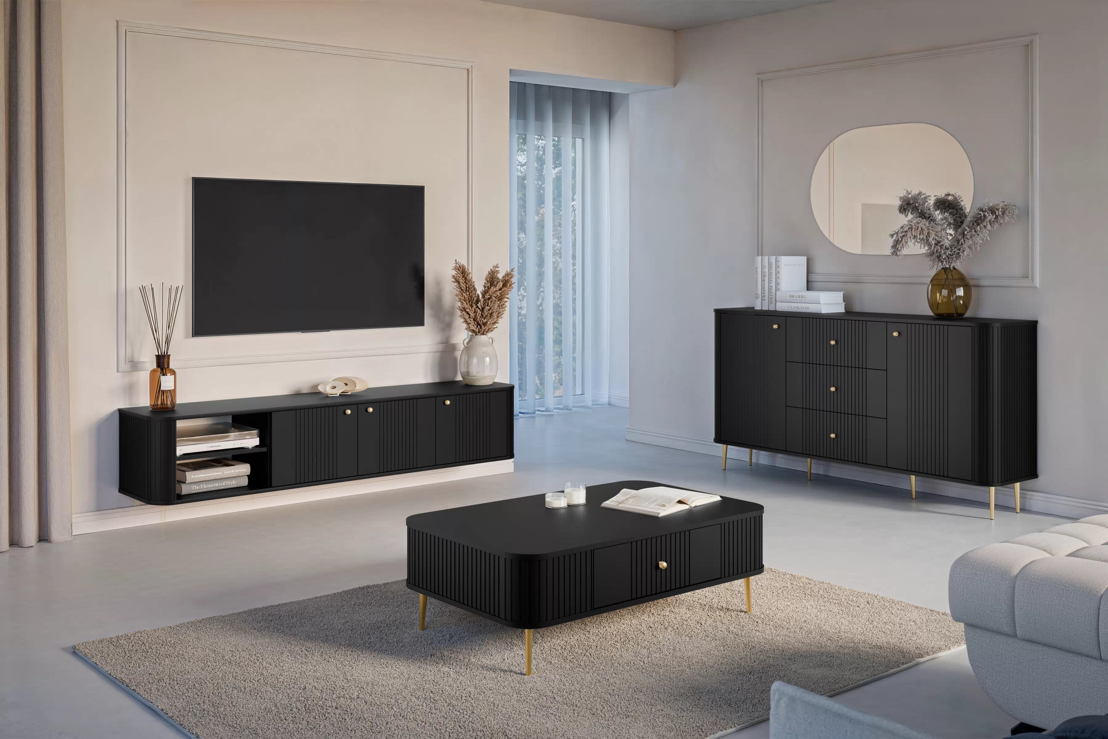 Závěsná TV skříňka Vesper 3D 187 cm na soklu - černá / zlaté úchyty Skříňka RTV Vespera 3D závěsná 187 cm - černá / zlaté Úchytky