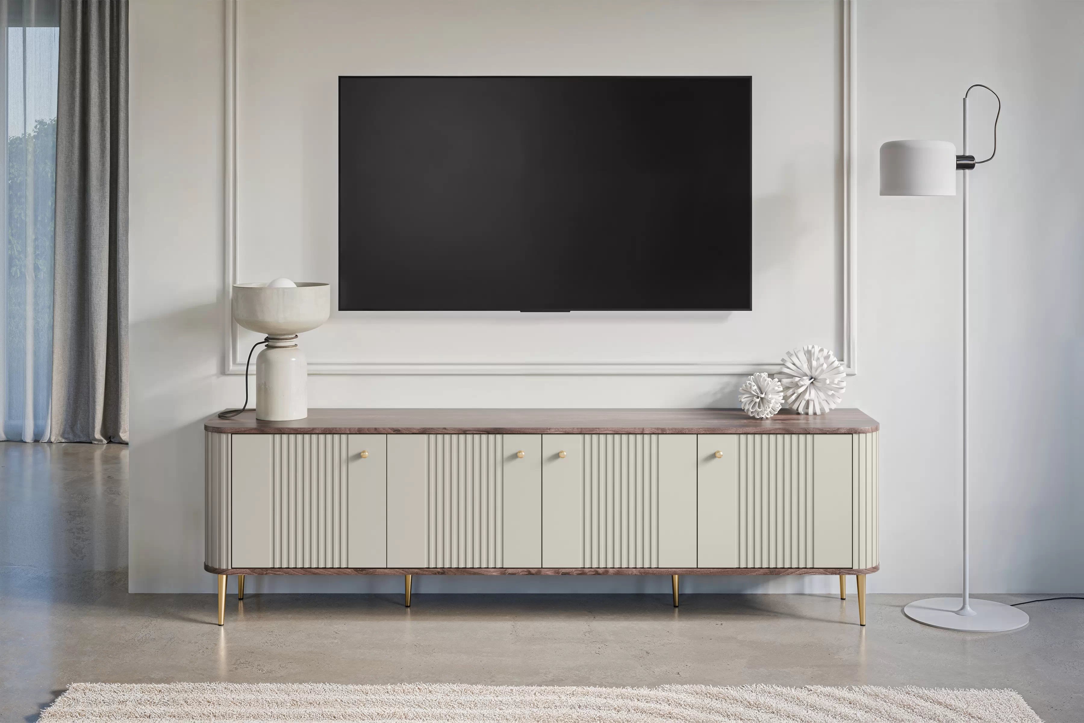 TV stolek Vesper 4D 187 cm - kašmírový / dekor ořech / zlaté nožky Skříňka RTV Vespera 4D 187 cm - kašmír / ořech / zlaté Nohy