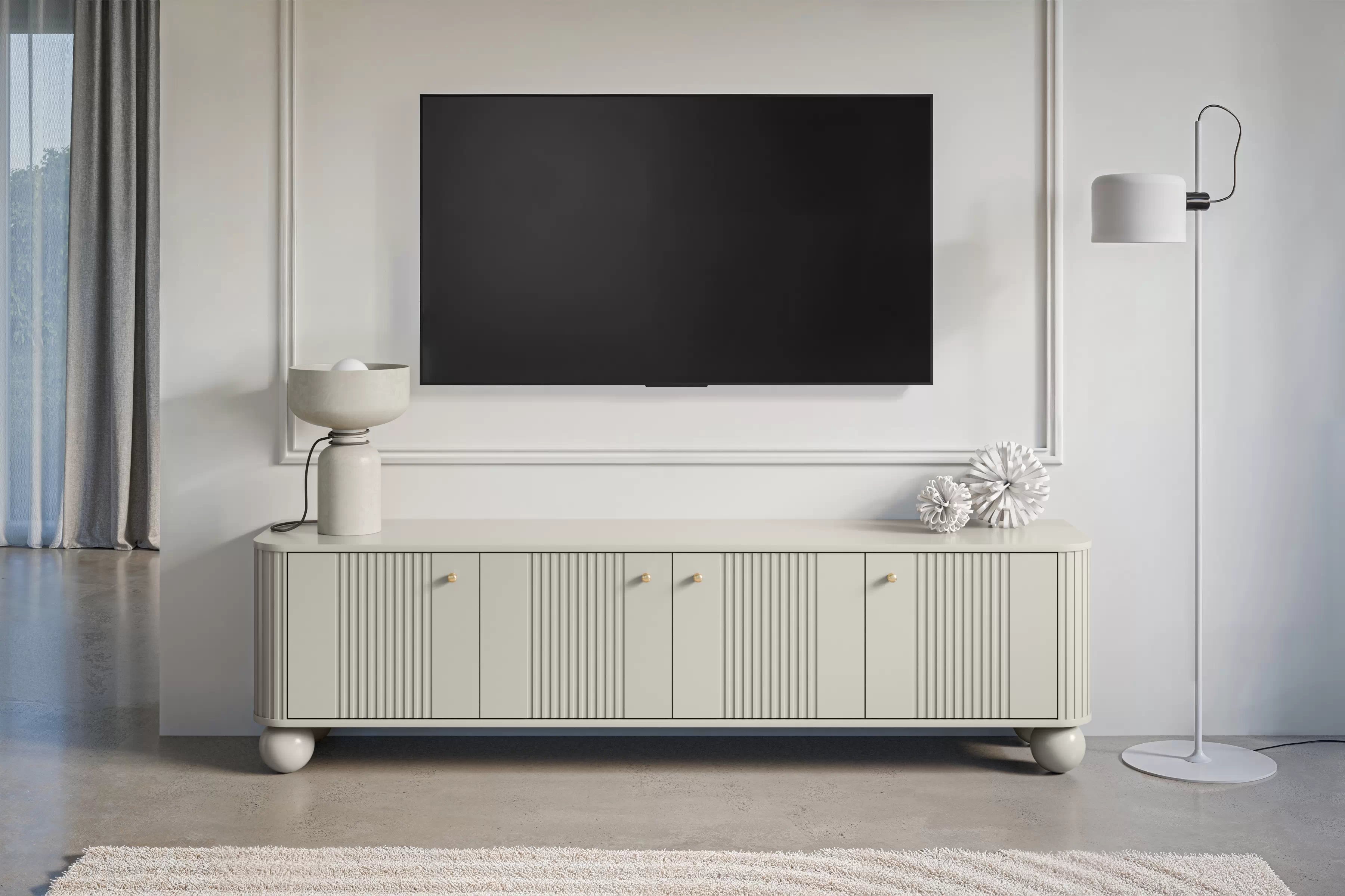 TV stolek Vesper 4D 187 cm - kašmírový / zlaté úchytky / kulaté kašmírové nožky Skříňka RTV Vespera 4D 187 cm - kašmír / zlaté Úchytky / kaszmirowe Nohy kule