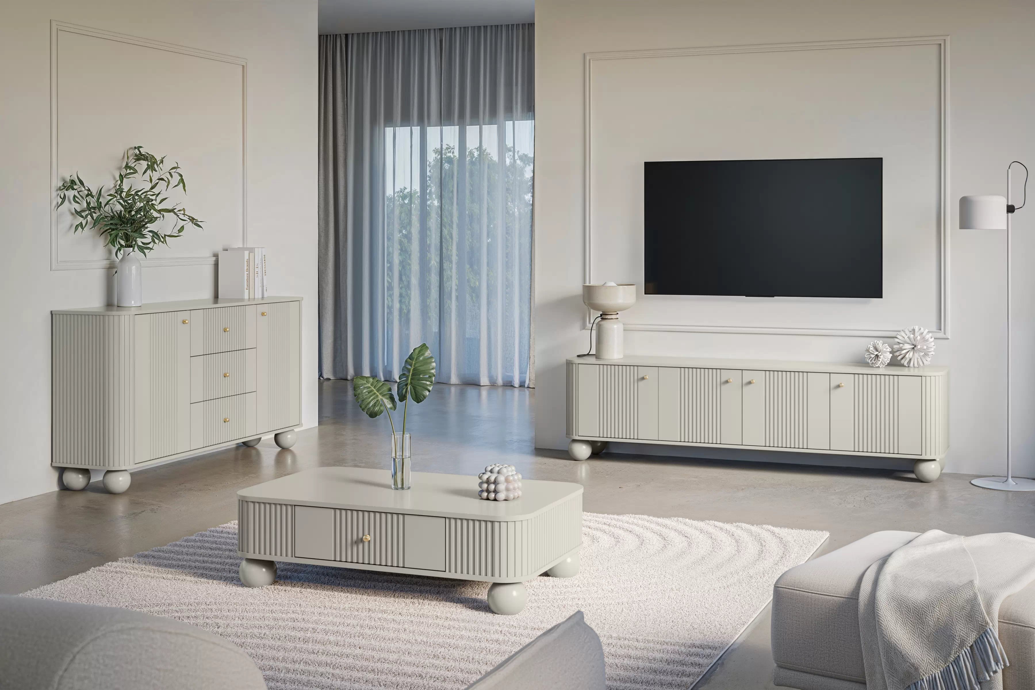 TV stolek Vesper 4D 187 cm - kašmírový / zlaté úchytky / kulaté kašmírové nožky Skříňka RTV Vespera 4D 187 cm - kašmír / zlaté Úchytky / kaszmirowe Nohy kule