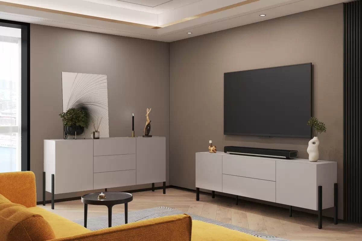 TV stolek Jukon 204 cm se zásuvkami - kašmír / černé nožky skříňka RTV Wezilo 40 se zásuvkami 204 cm - kašmír / černé nožičky