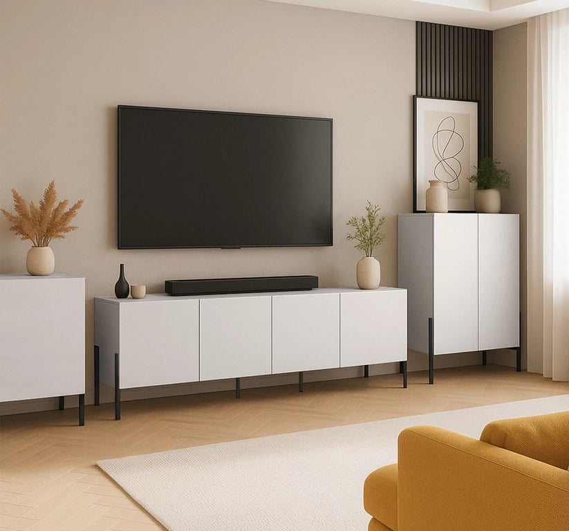 TV stolek Wezilo 204 cm se zásuvkami - bílý supermat / černé nožky skříňka RTV Wezilo se zásuvkami 204 cm - bílá supermat / černé nožičky