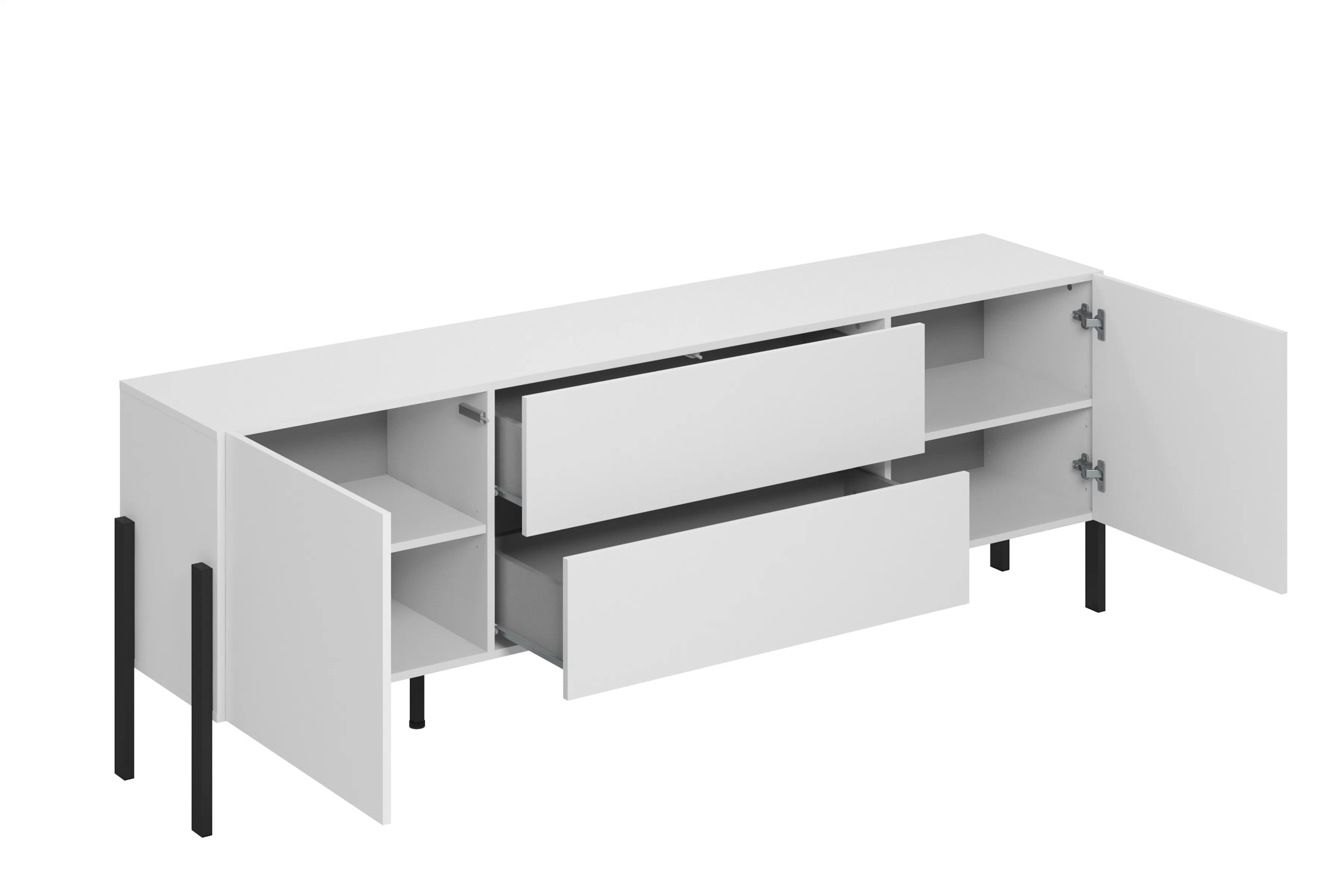 TV skrinka Jukon so zásuvkami 204 cm - biely supermat / čierne nožičky TV skrinka Wezilo so zásuvkami 204 cm - Biely supermat / čierny nožičky