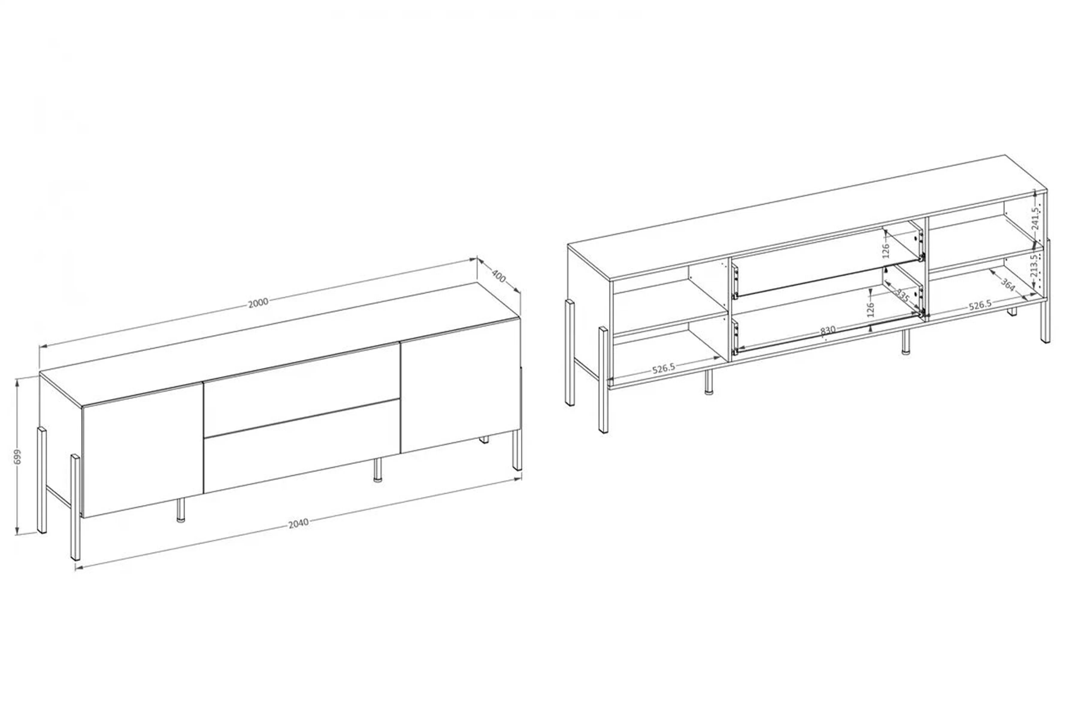 TV skrinka Jukon so zásuvkami 204 cm - biely supermat / čierne nožičky TV skrinka Wezilo so zásuvkami 204 cm - Biely supermat / čierny nožičky