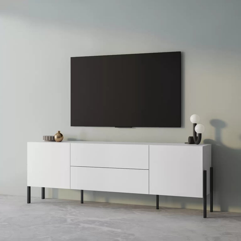 TV skrinka Wezilo so zásuvkami 204 cm - biely supermat / čierne nožičky TV skrinka Wezilo so zásuvkami 204 cm - Biely supermat / čierny nožičky