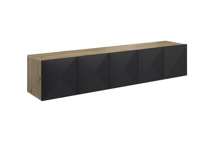 Závesná TV skrinka Asha 200 cm s ryhovaným čelom - artisan / čierny mat