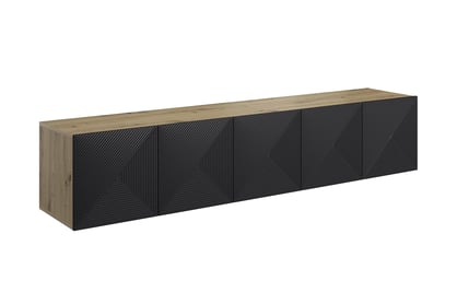 Závěsná TV skříňka Asha 200 cm s drážkovaným čelem - artisan / černý mat