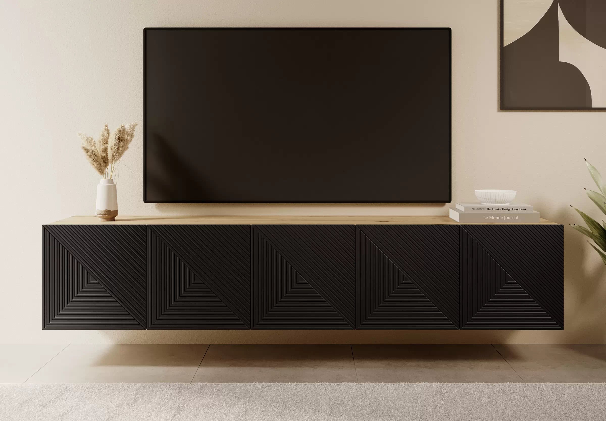 Závesná TV skrinka Asha 200 cm s ryhovaným čelom - artisan / čierny mat TV skrinka závesná Asha 200 cm s frézovaným frontom - artisan / Čierny mat