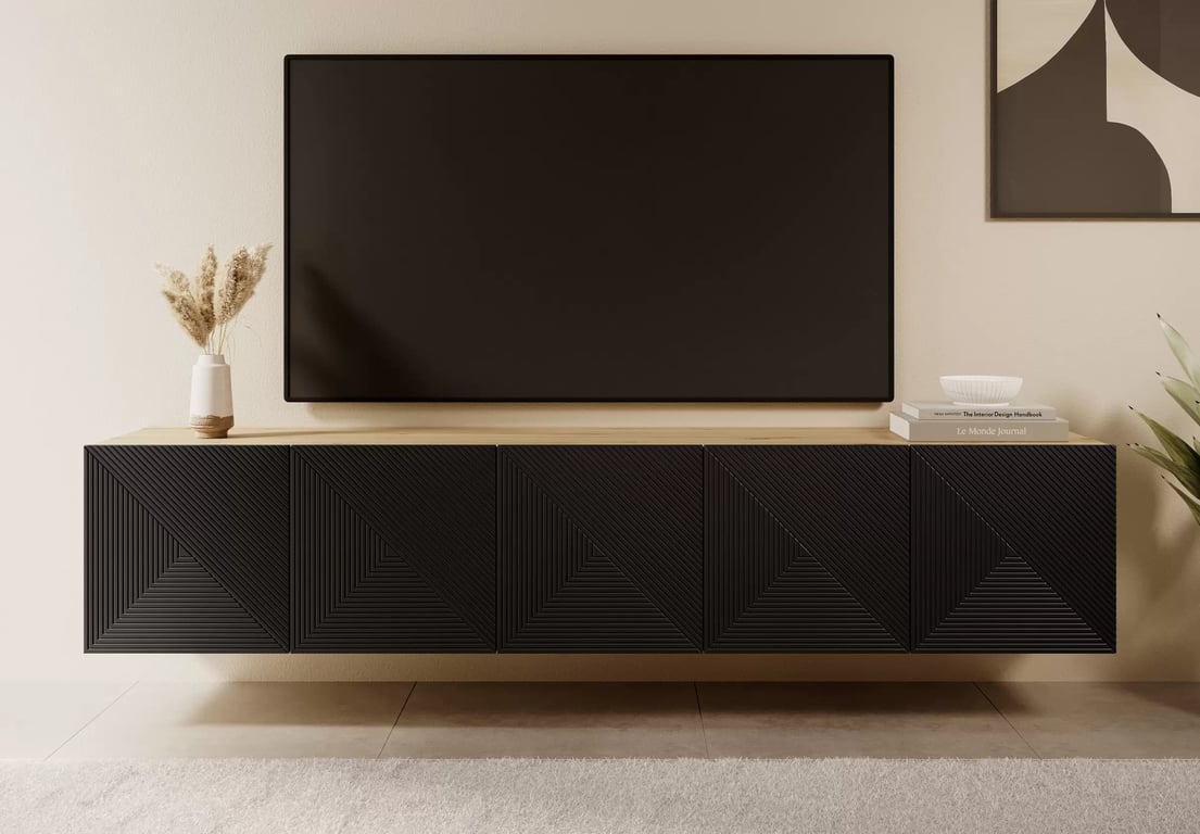Asha fali TV szekrény 200 cm, bordázott előlap - artisan / fekete matt TV-szekrény függő Asha 200 cm z ryflowanym frontem - artisan / matt fekete