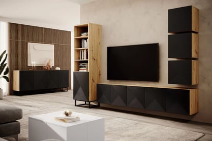 Asha fali TV szekrény 200 cm, bordázott előlap - artisan / fekete matt TV-szekrény függő Asha 200 cm z ryflowanym frontem - artisan / matt fekete