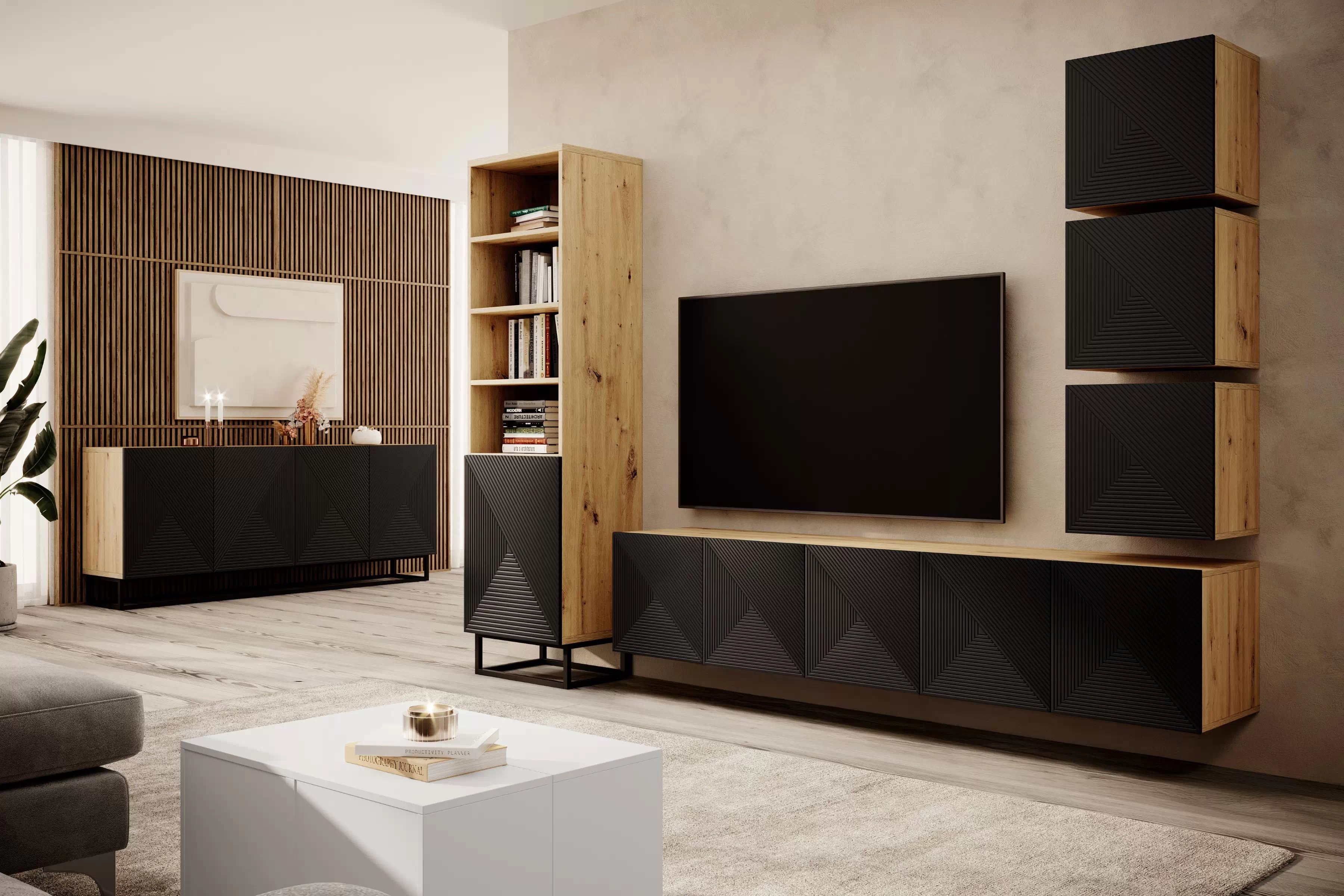 Závesná TV skrinka Asha 200 cm s ryhovaným čelom - artisan / čierny mat TV skrinka závesná Asha 200 cm s frézovaným frontom - artisan / Čierny mat