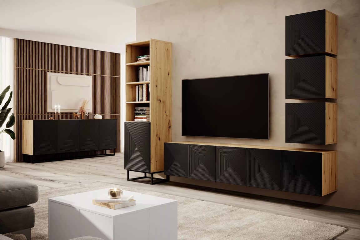 Asha fali TV szekrény 200 cm, bordázott előlap - artisan / fekete matt TV-szekrény függő Asha 200 cm z ryflowanym frontem - artisan / matt fekete