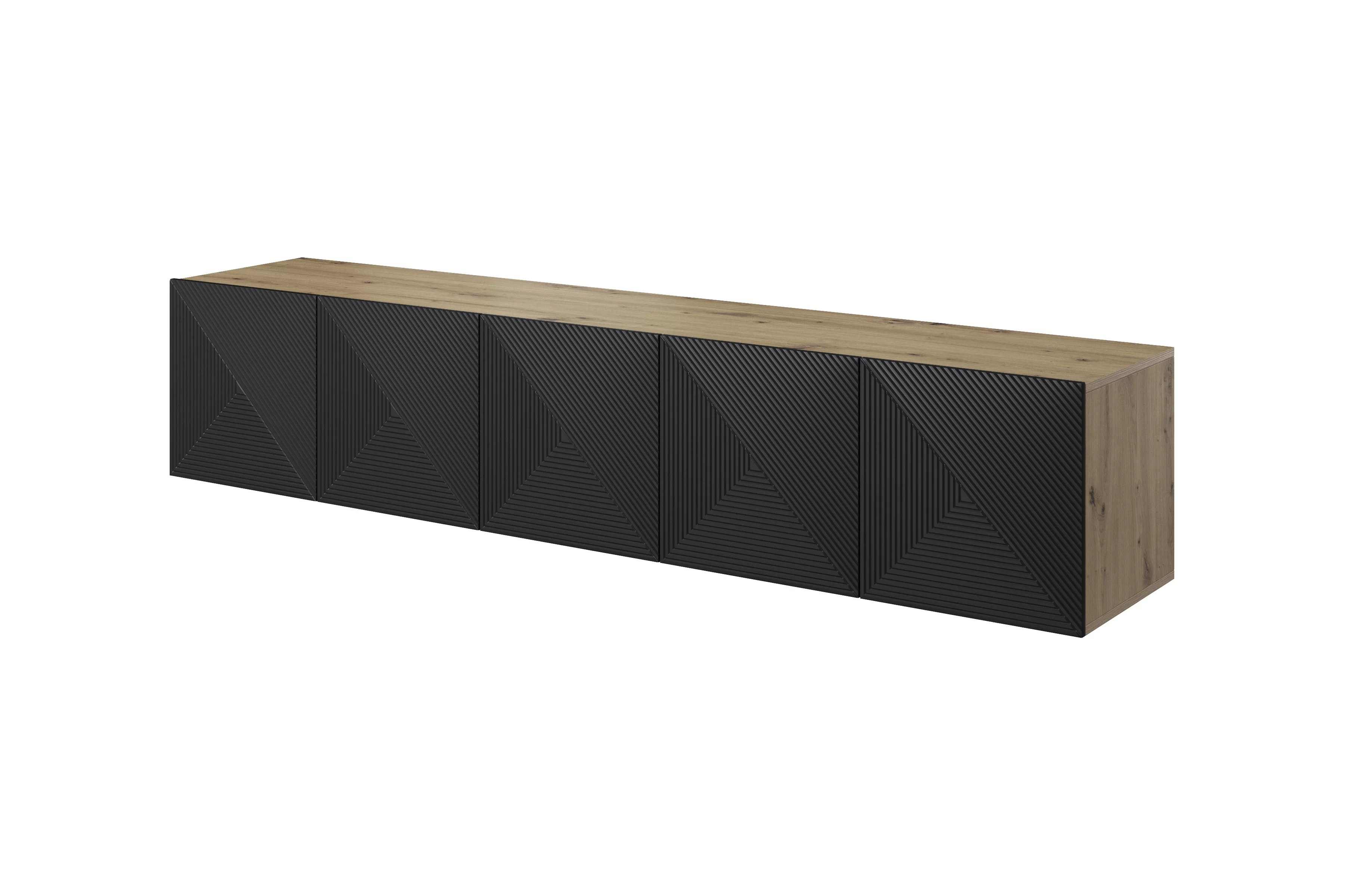 Závesná TV skrinka Asha 200 cm s ryhovaným čelom - artisan / čierny mat TV skrinka závesná Asha 200 cm s frézovaným frontom - artisan / Čierny mat