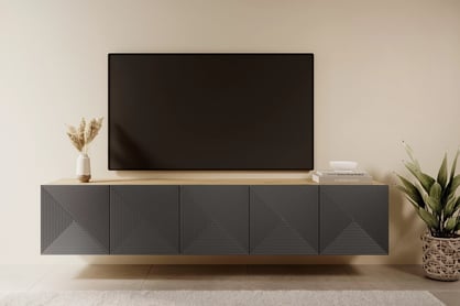Asha fali TV szekrény 200 cm - artisan / rivier stone matt TV-szekrény függő Asha 200 cm z ryflowanym frontem - artisan / rivier stone mat