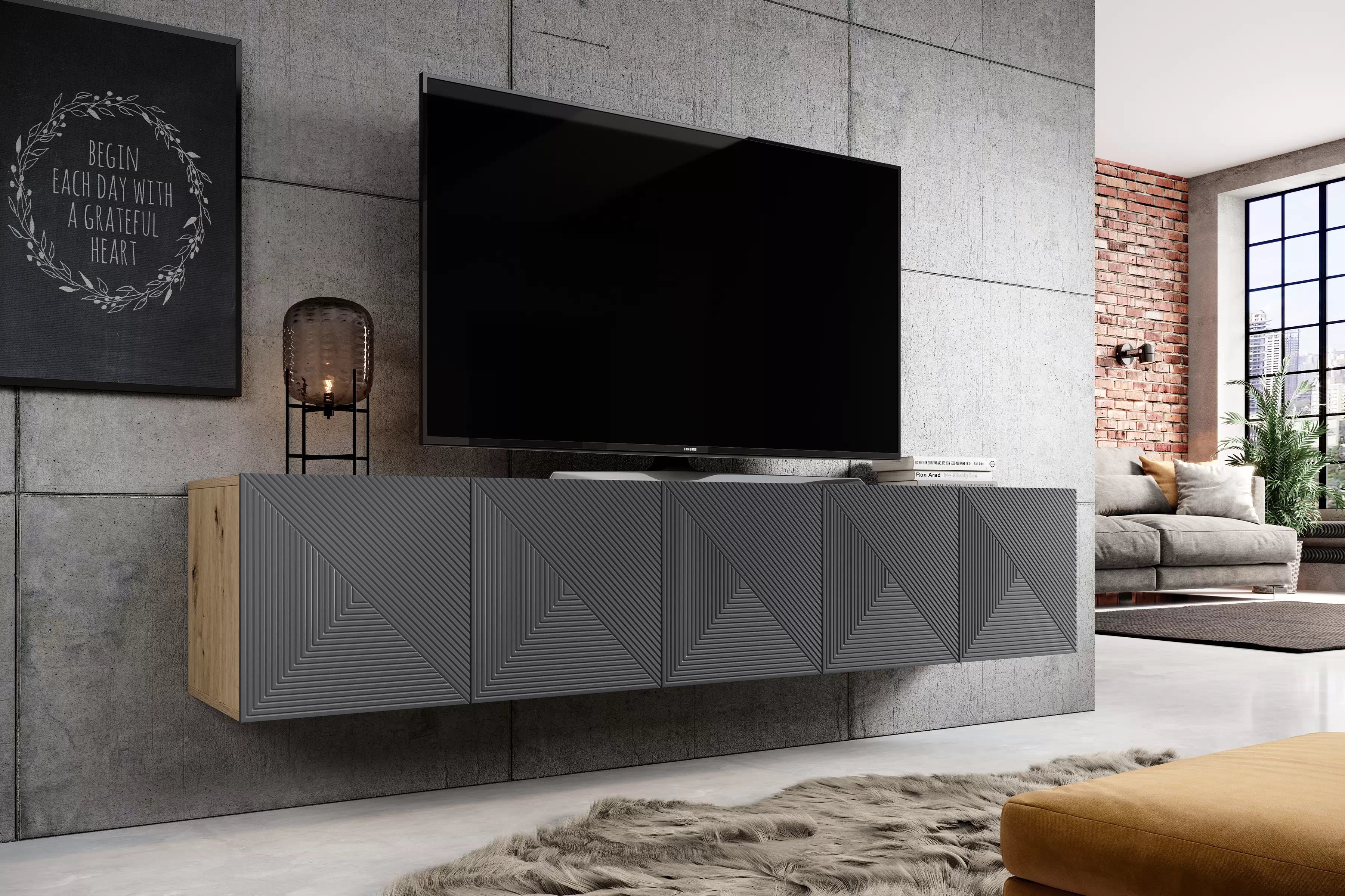 Závesná TV skrinka Asha 200 cm s ryhovanými dvierkami - artisan / rivier stone mat TV skrinka závesná Asha 200 cm s frézovaným frontom - artisan / rivier stone mat