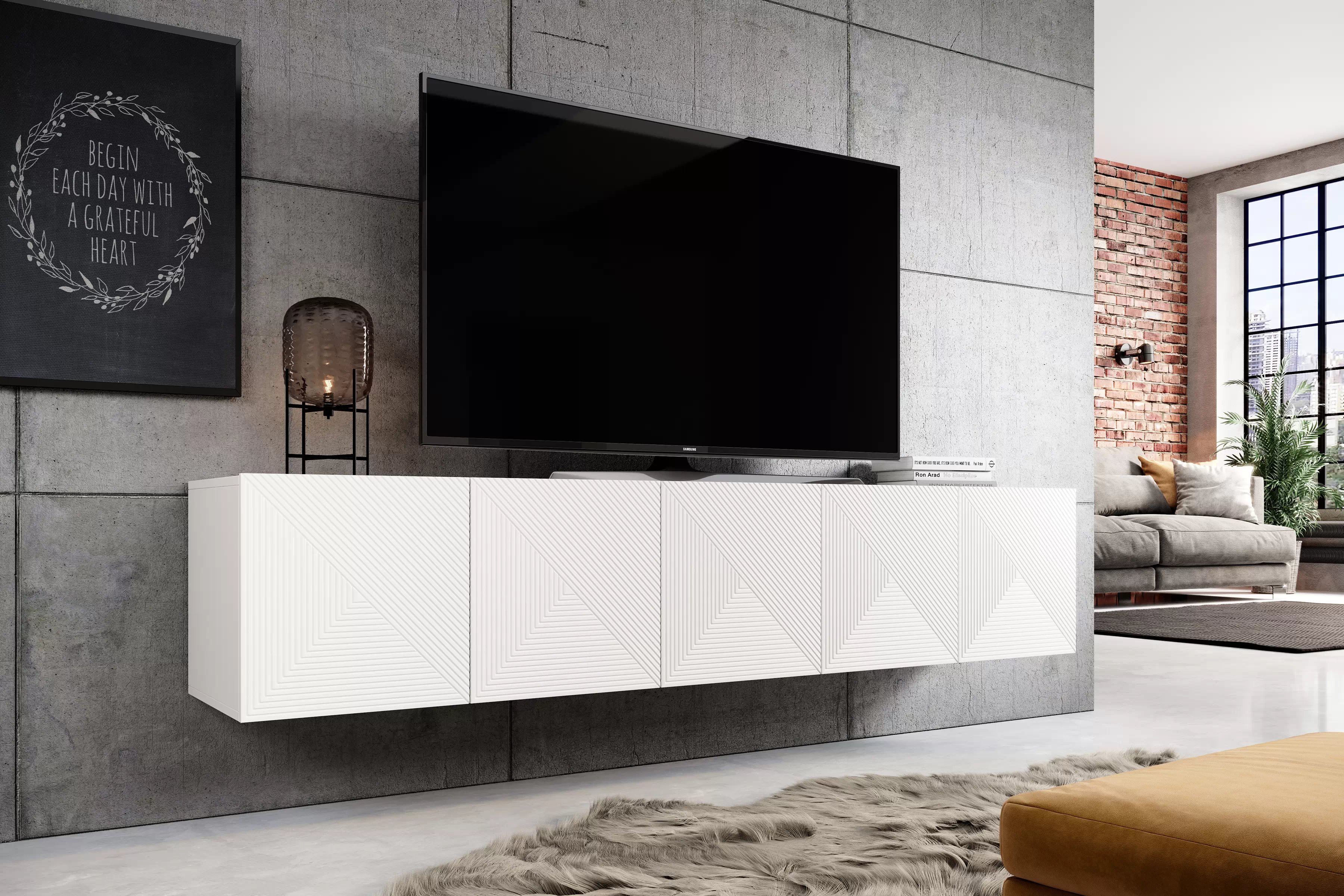 Závesná TV skrinka Asha 200 cm s ryhovanými dvierkami - biely mat TV skrinka závesná Asha 200 cm s frézovaným frontom - biely mat