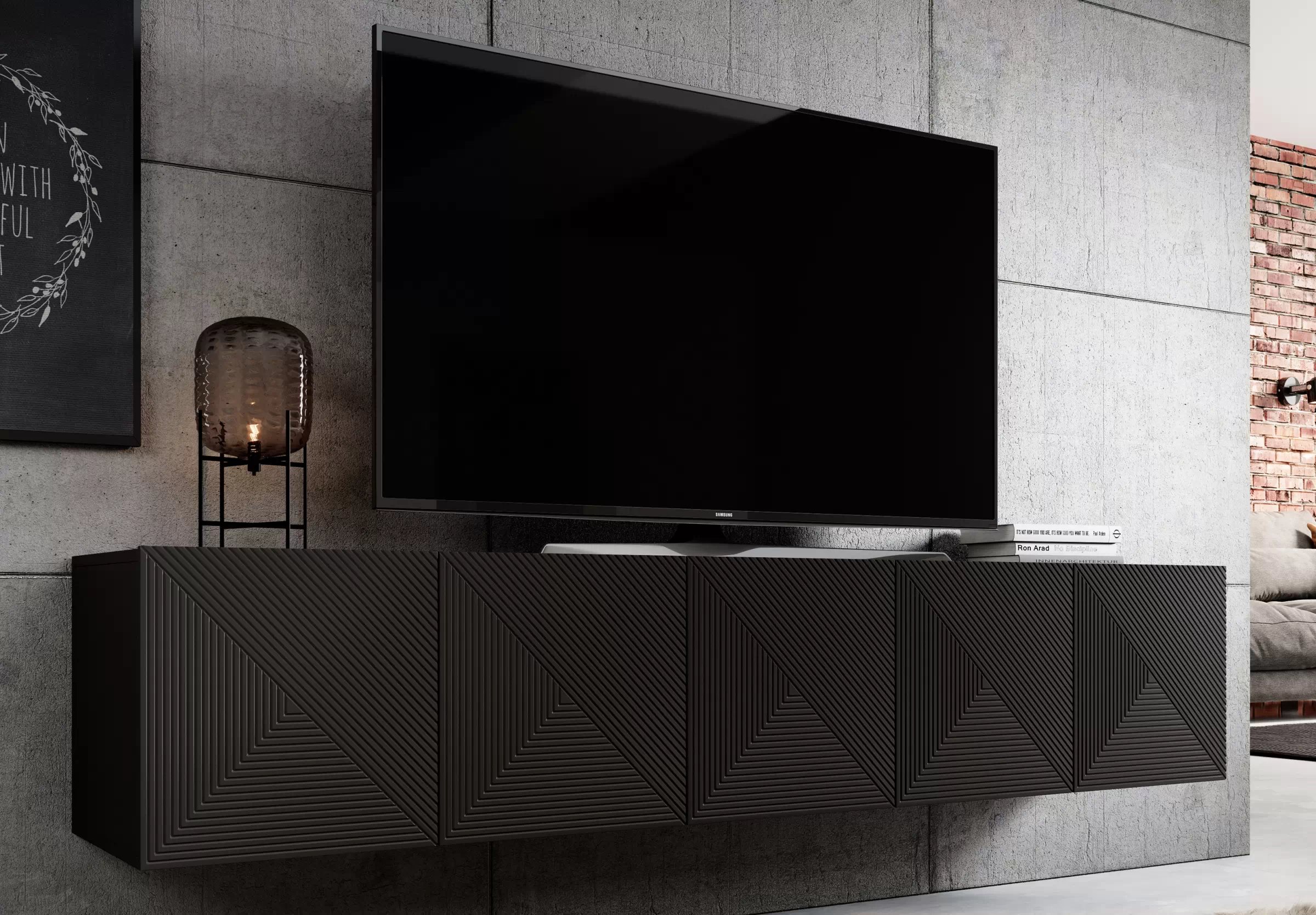 Závesná TV skrinka Asha 200 cm s ryhovaným čelom - čierny mat TV skrinka závesná Asha 200 cm s frézovaným frontom - Čierny mat