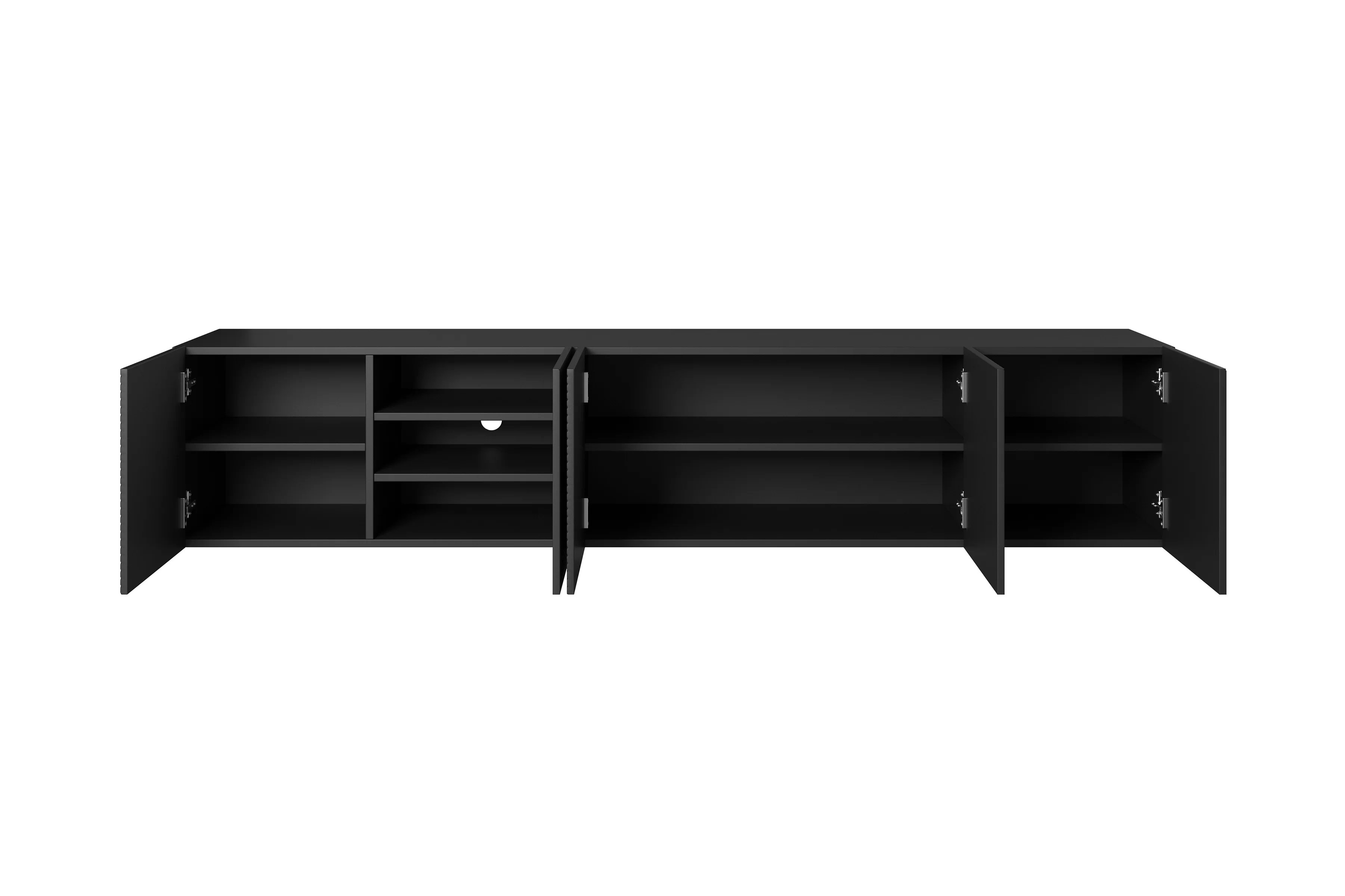 Závesná TV skrinka Asha 200 cm s ryhovaným čelom - čierny mat TV skrinka závesná Asha 200 cm s frézovaným frontom - Čierny mat