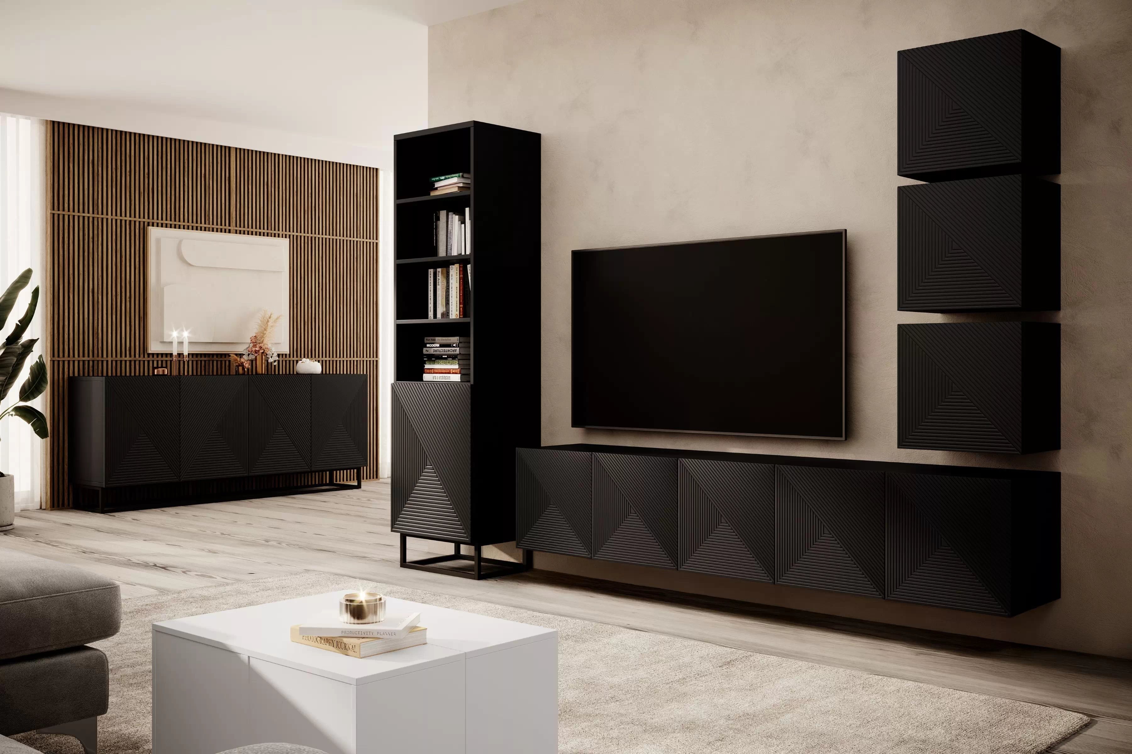 Závesná TV skrinka Asha 200 cm s ryhovaným čelom - čierny mat TV skrinka závesná Asha 200 cm s frézovaným frontom - Čierny mat