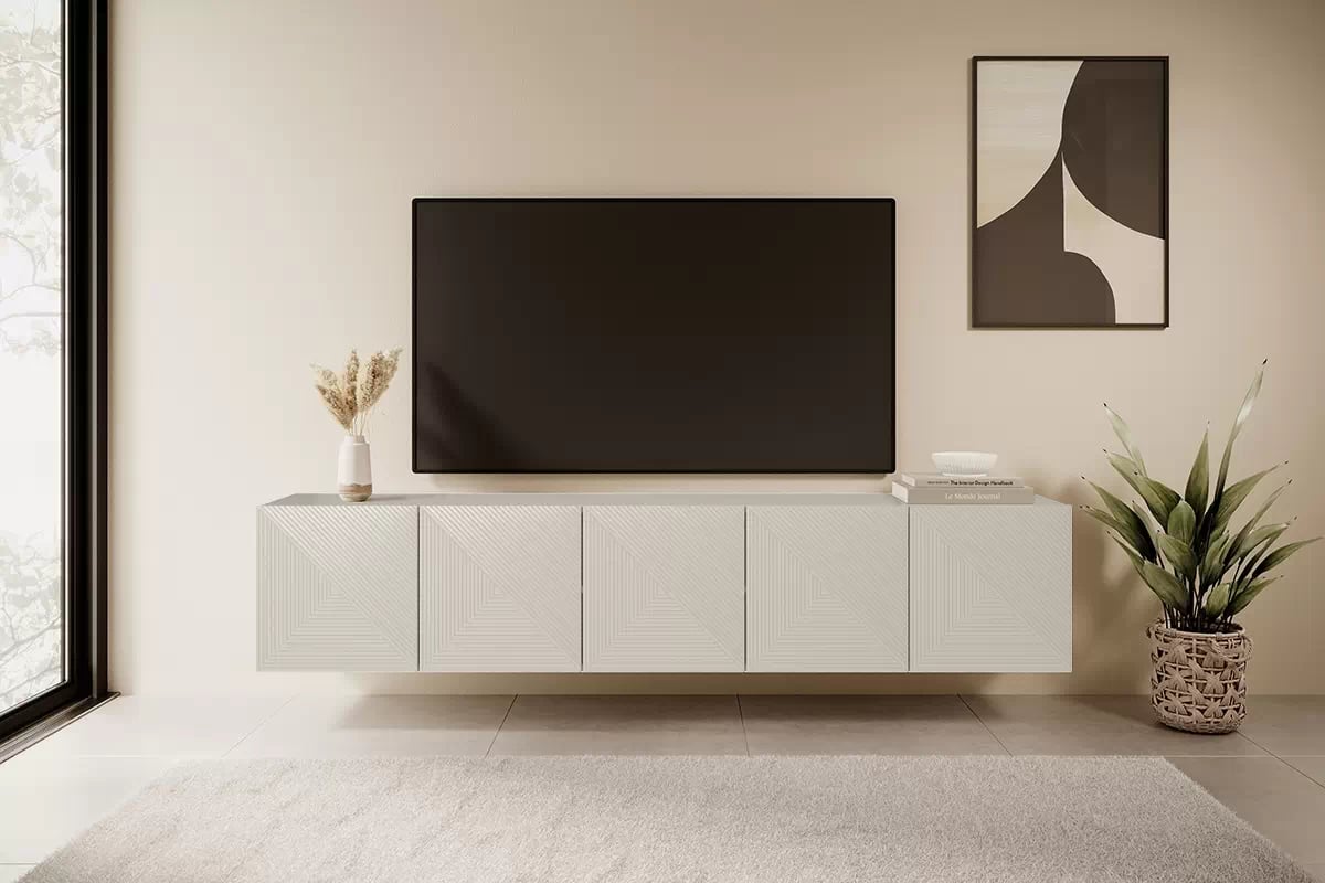 Závesná TV skrinka Asha 200 cm s ryhovaným frontom - kašmírová TV skrinka závesná Asha 200 cm s frézovaným frontom - kašmír