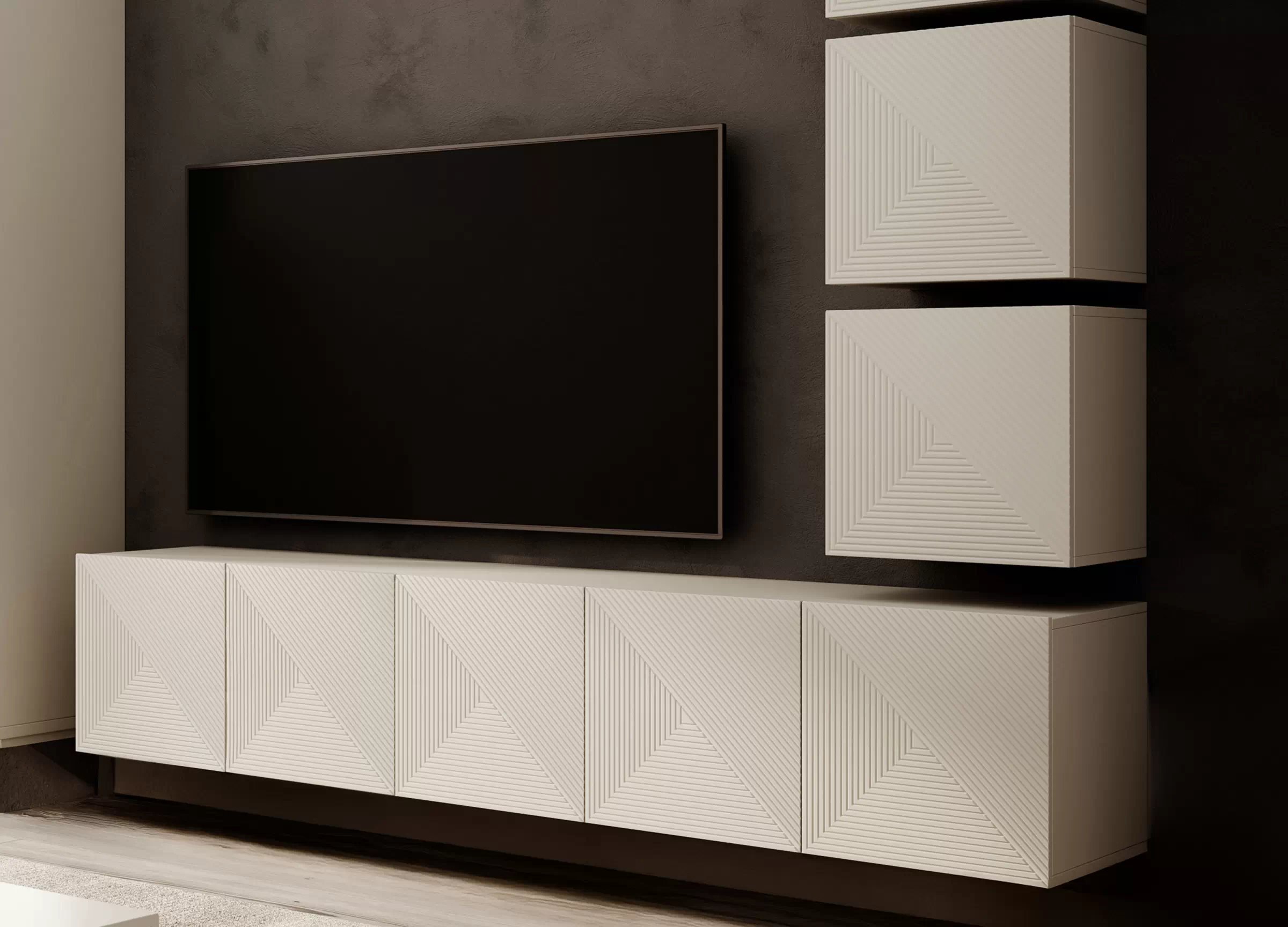 Závesná TV skrinka Asha 200 cm s ryhovaným frontom - kašmírová TV skrinka závesná Asha 200 cm s frézovaným frontom - kašmír