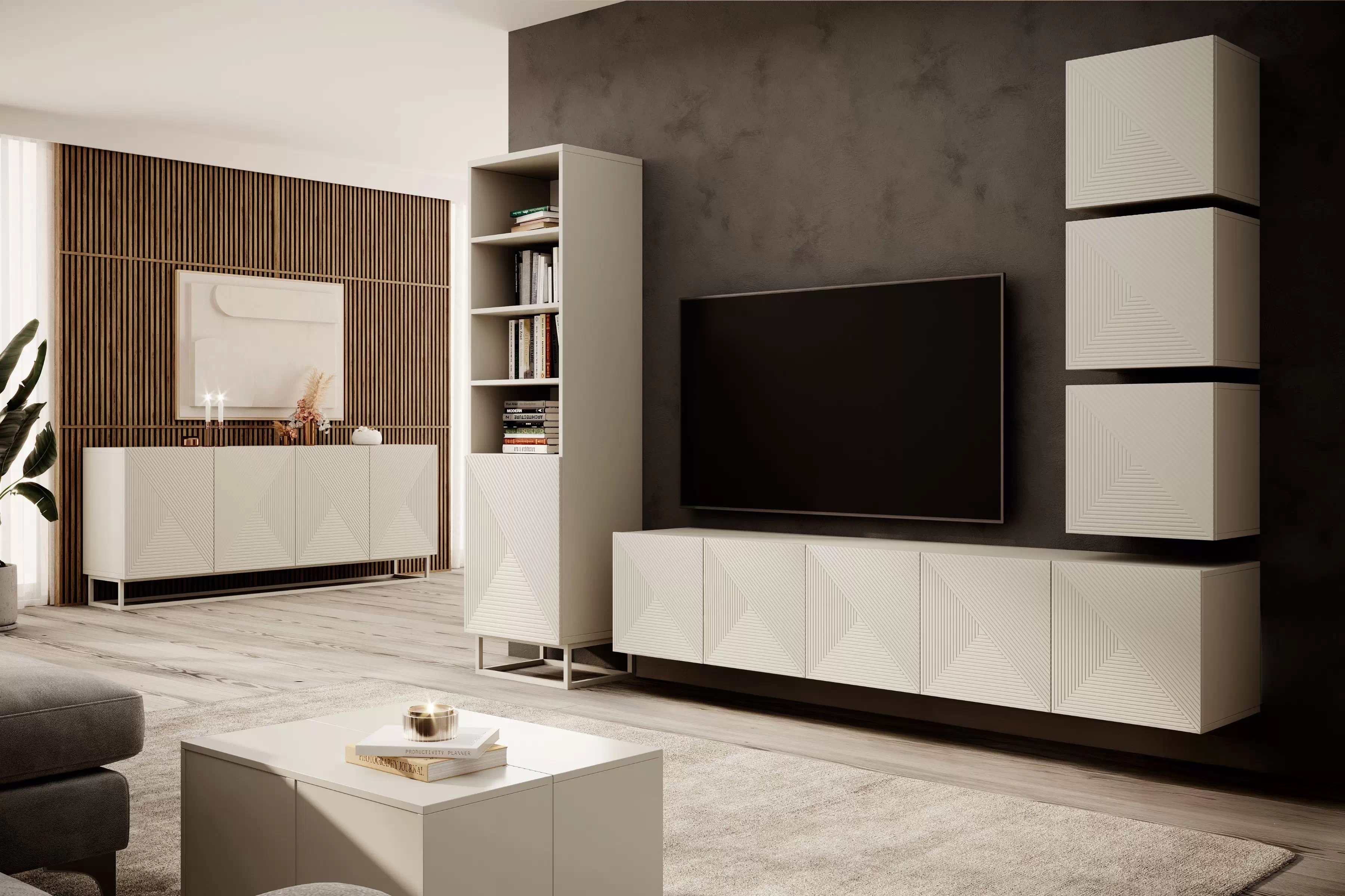 Závesná TV skrinka Asha 200 cm s ryhovaným frontom - kašmírová TV skrinka závesná Asha 200 cm s frézovaným frontom - kašmír