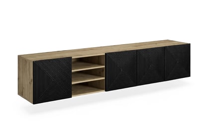 Závěsný TV stolek Asha 200 cm s rýhovanými dvířky a výklenkem - dub artisan / černý mat