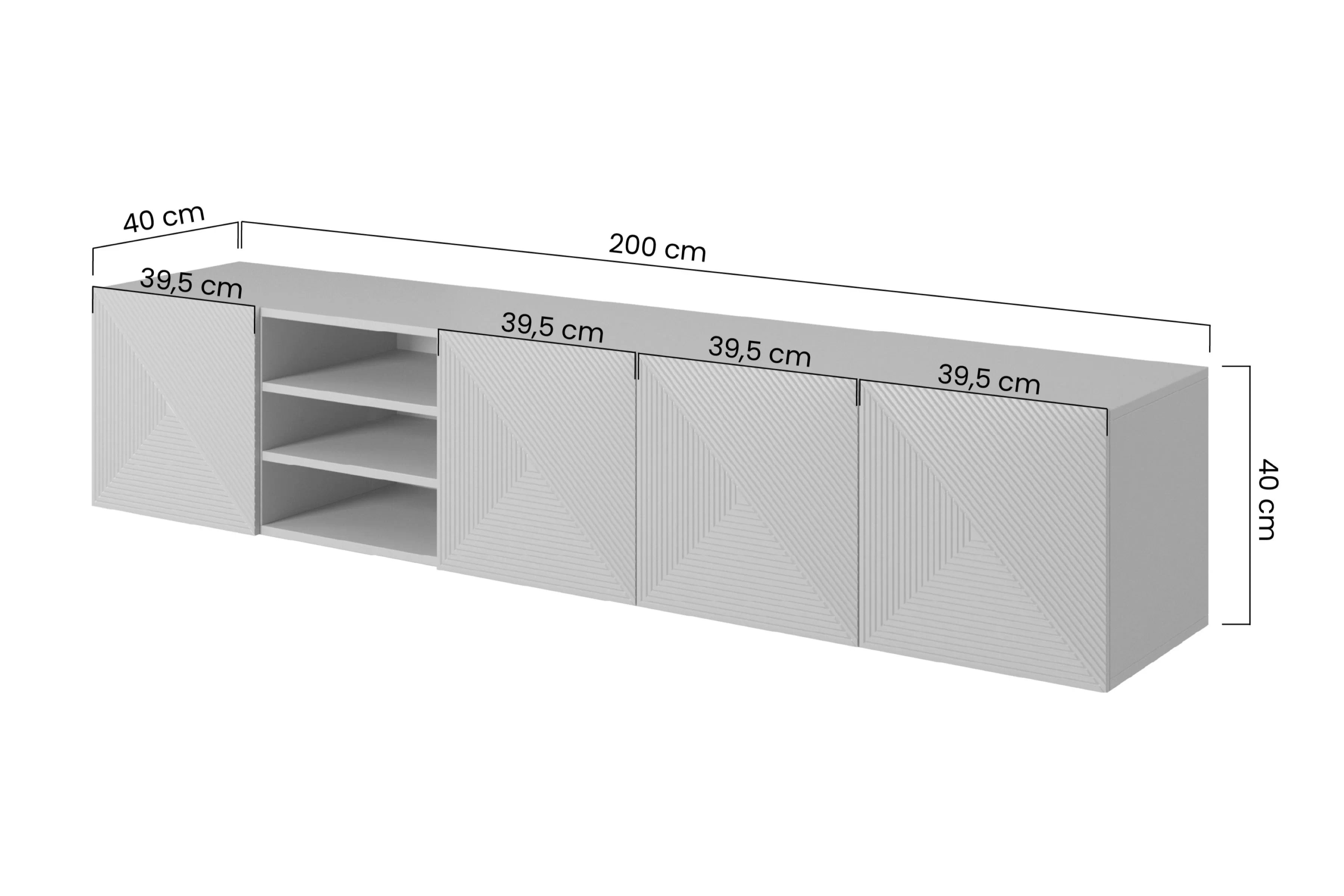 Závesná TV skrinka Asha 200 cm s ryhovaným čelom a otvorenou poličkou - artisan / čierny mat TV skrinka závesná Asha 200 cm s frézovaným frontom i wneka - artisan / Čierny mat