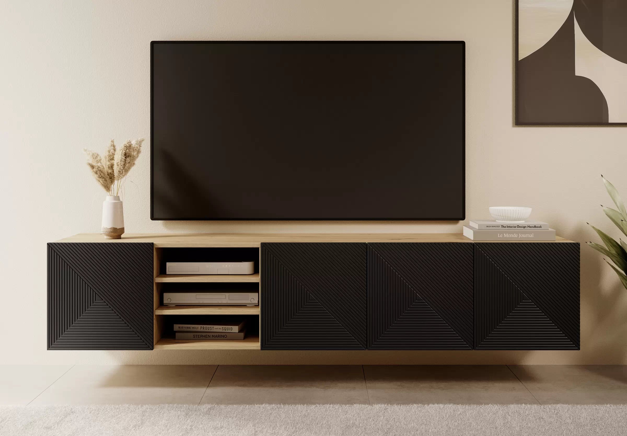 Závesná TV skrinka Asha 200 cm s ryhovaným čelom a otvorenou poličkou - artisan / čierny mat TV skrinka závesná Asha 200 cm s frézovaným frontom i wneka - artisan / Čierny mat