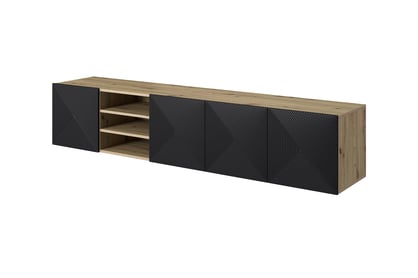 Závesná TV skrinka Asha 200 cm s ryhovaným čelom a otvorenou poličkou - artisan / čierny mat