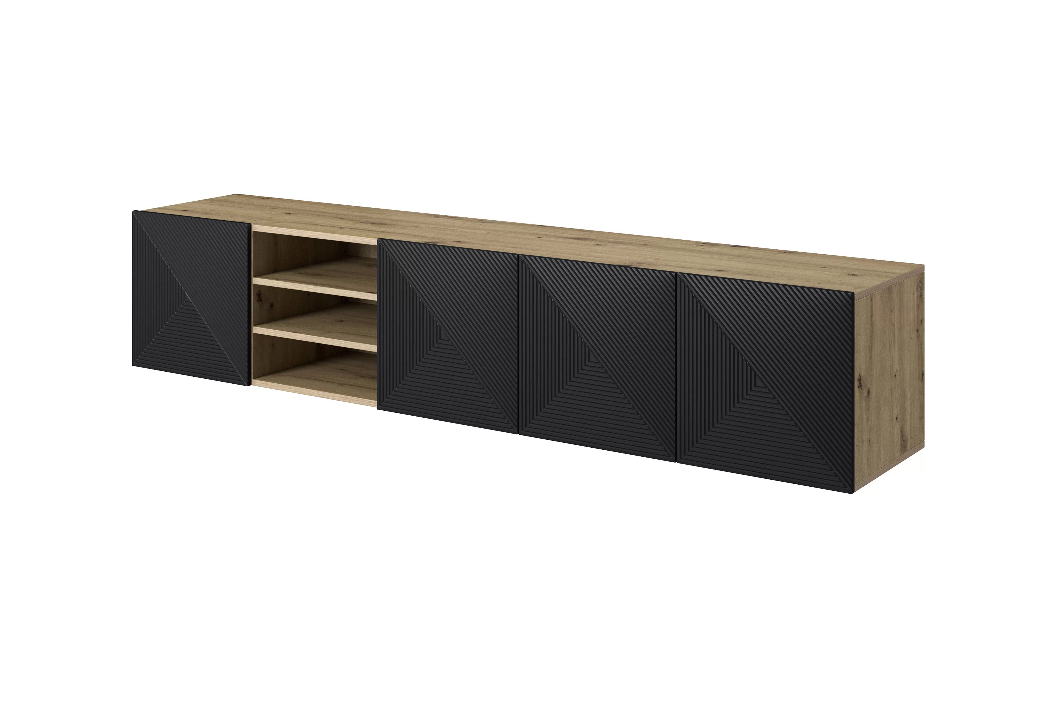 Závesná TV skrinka Asha 200 cm s ryhovaným čelom a otvorenou poličkou - artisan / čierny mat TV skrinka závesná Asha 200 cm s frézovaným frontom i wneka - artisan / Čierny mat