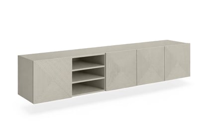 Závěsná TV skříňka Asha 200 cm s drážkovaným čelem a výklenkem - kašmír