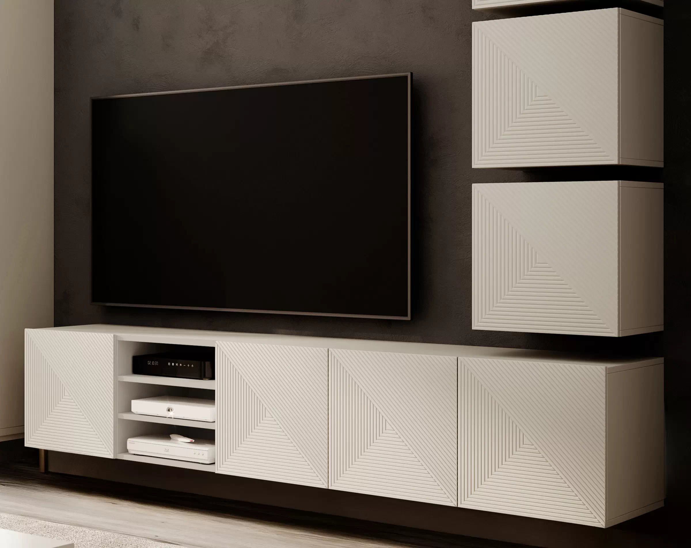 Závěsná TV skříňka Asha 200 cm s rýhovanými dvířky a výklenkem - kašmír skříňka RTV závěsná Asha 200 cm s frézovanou přední částí i wneka - kašmír