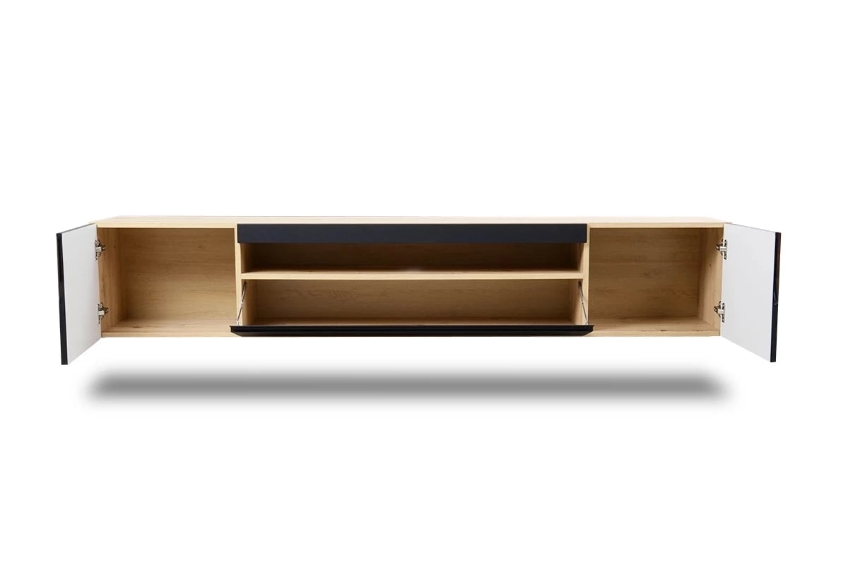 Závěsný TV stolek Loftia 200 cm dvoudveřový s výklenkem - dub artisan / černý mat Skříňka tv závěsná Loftia - artisan/Černý mat