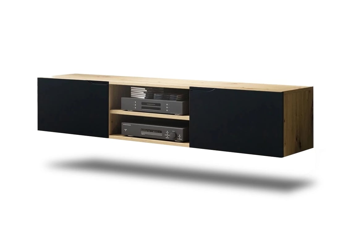 Závesná TV skrinka Loftia Mini 160 cm - dub artisan / čierny mat Závesná TV skrinka Loftia Mini