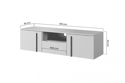 Závěsná RTV skříňka Larena s výklenkem a zásuvkou 150 cm - černý beton / černé úchytky Skříňka RTV závěsná Larena 150 cm z wneka i szuflada - černá beton / černá Úchytky