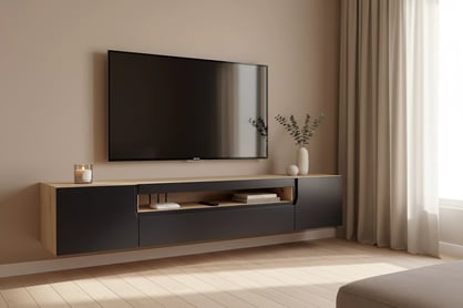 Závěsná TV skříňka Loftia 200 cm dvoudveřová s výklenkem - artisan / černý mat